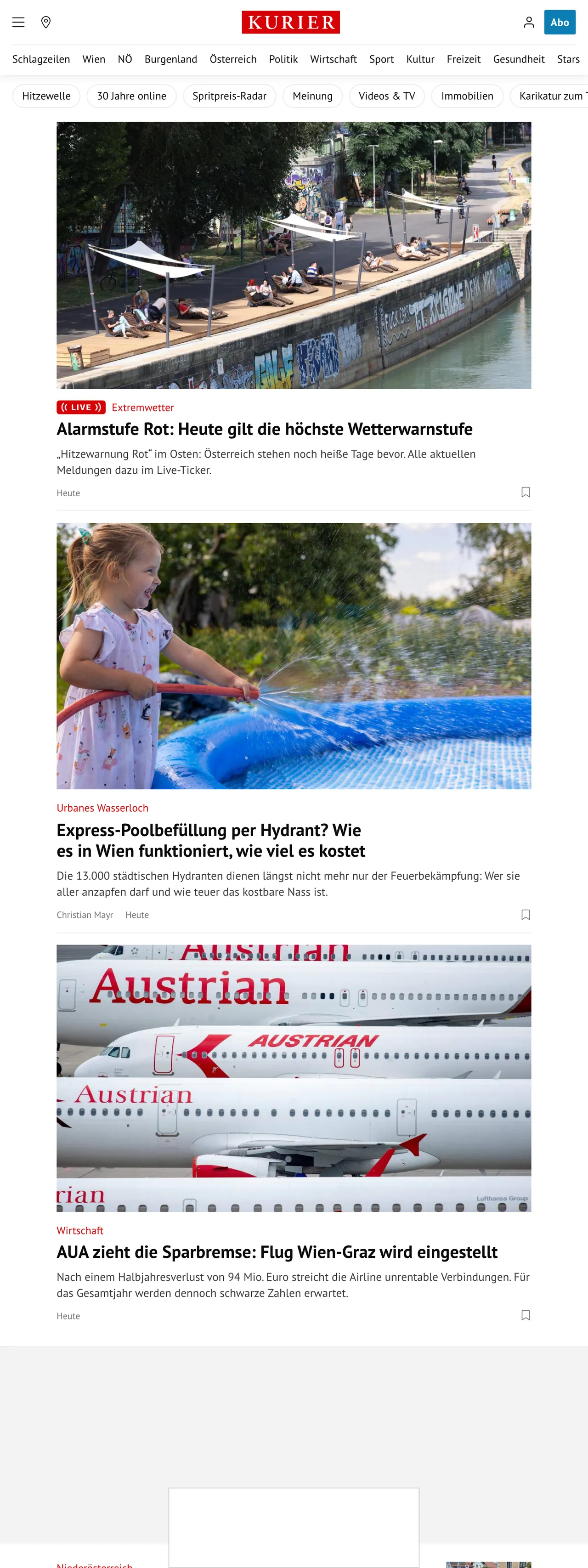 Screenshot of the Kurier front page