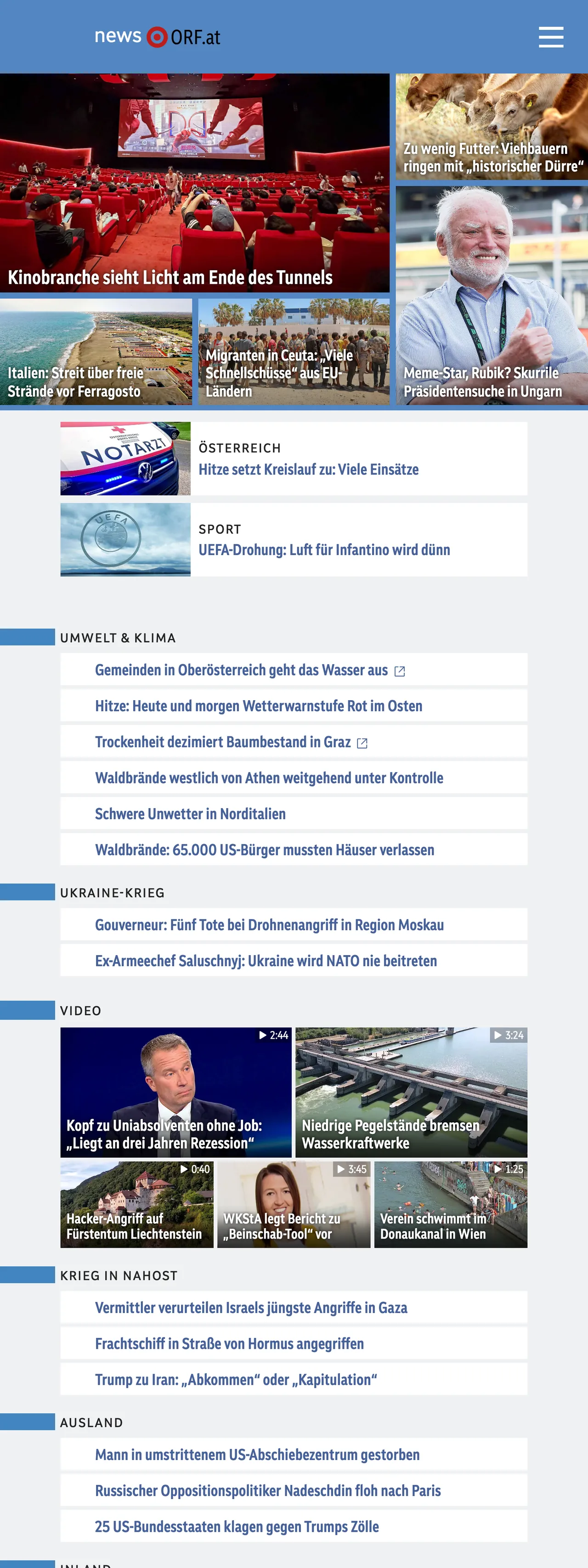 Screenshot of the ORF front page
