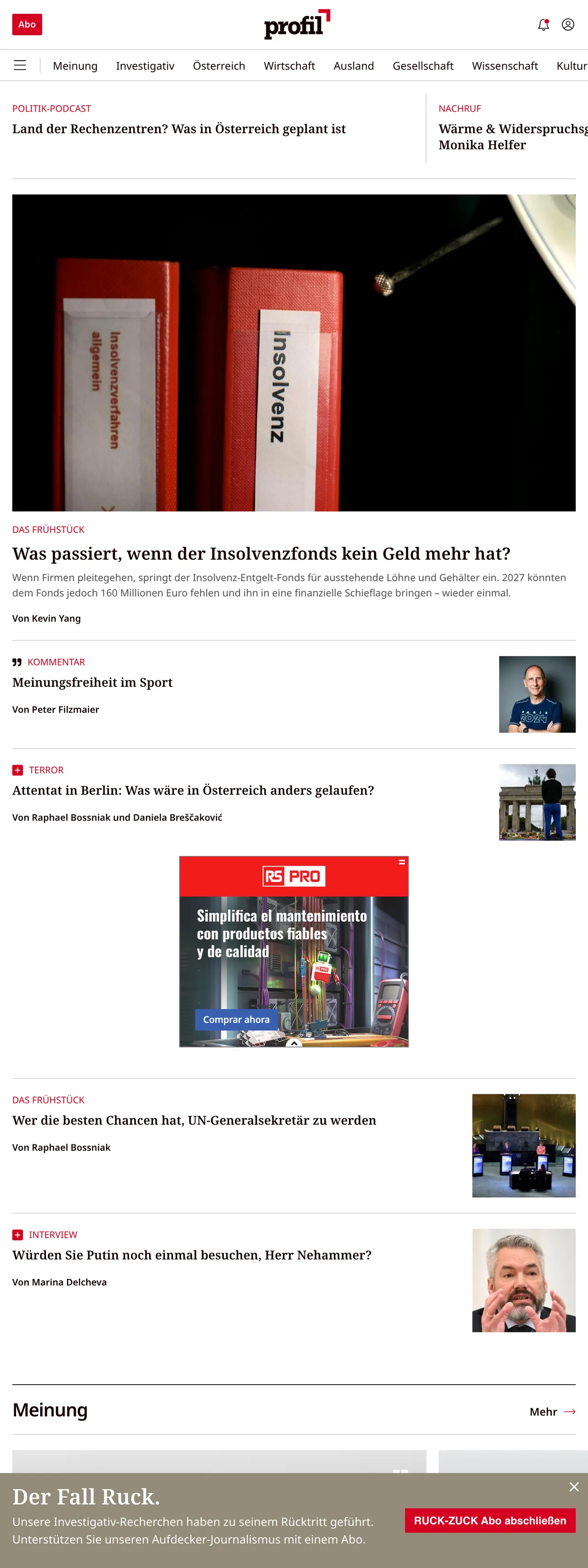 Screenshot of the profil front page