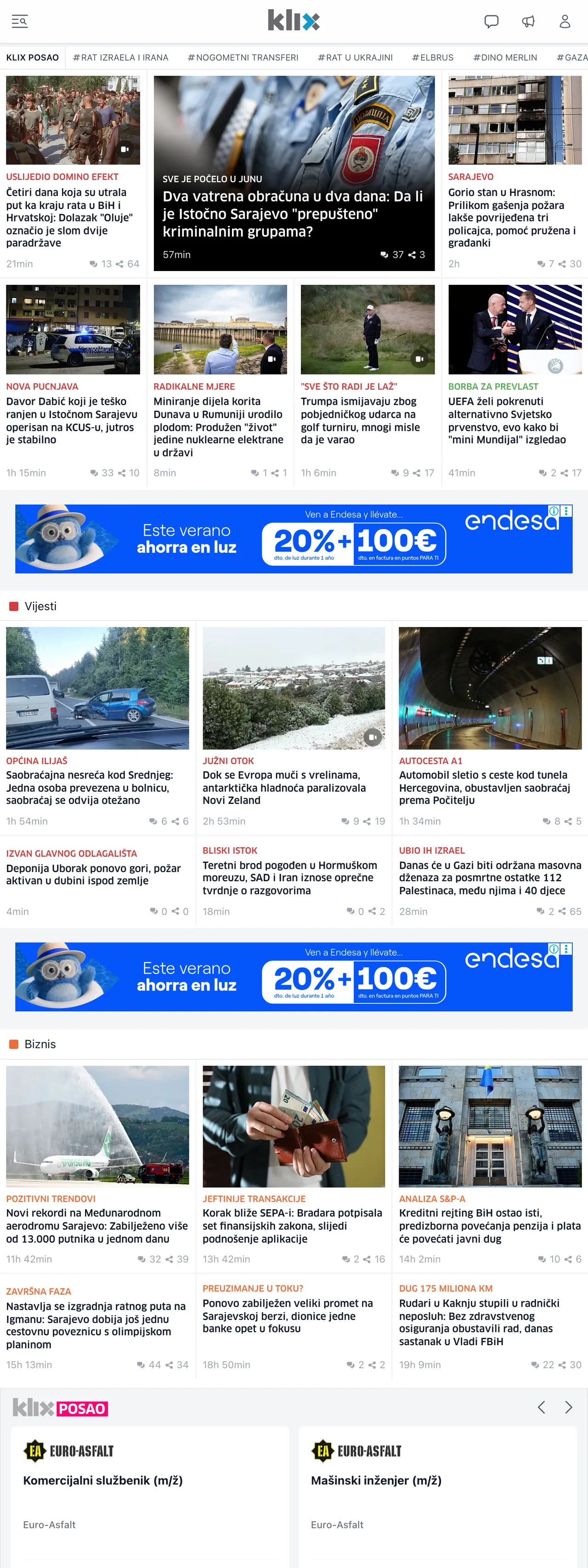 Screenshot of the Klix.ba front page