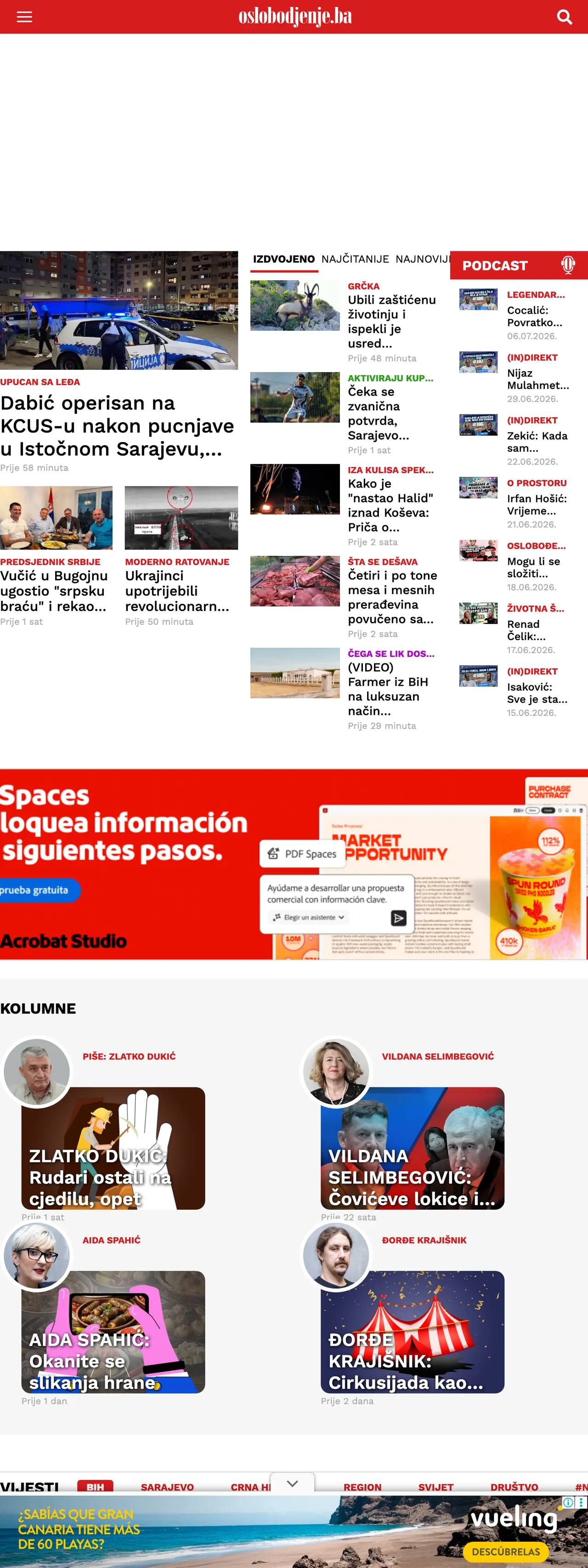 Screenshot of the Oslobođenje front page