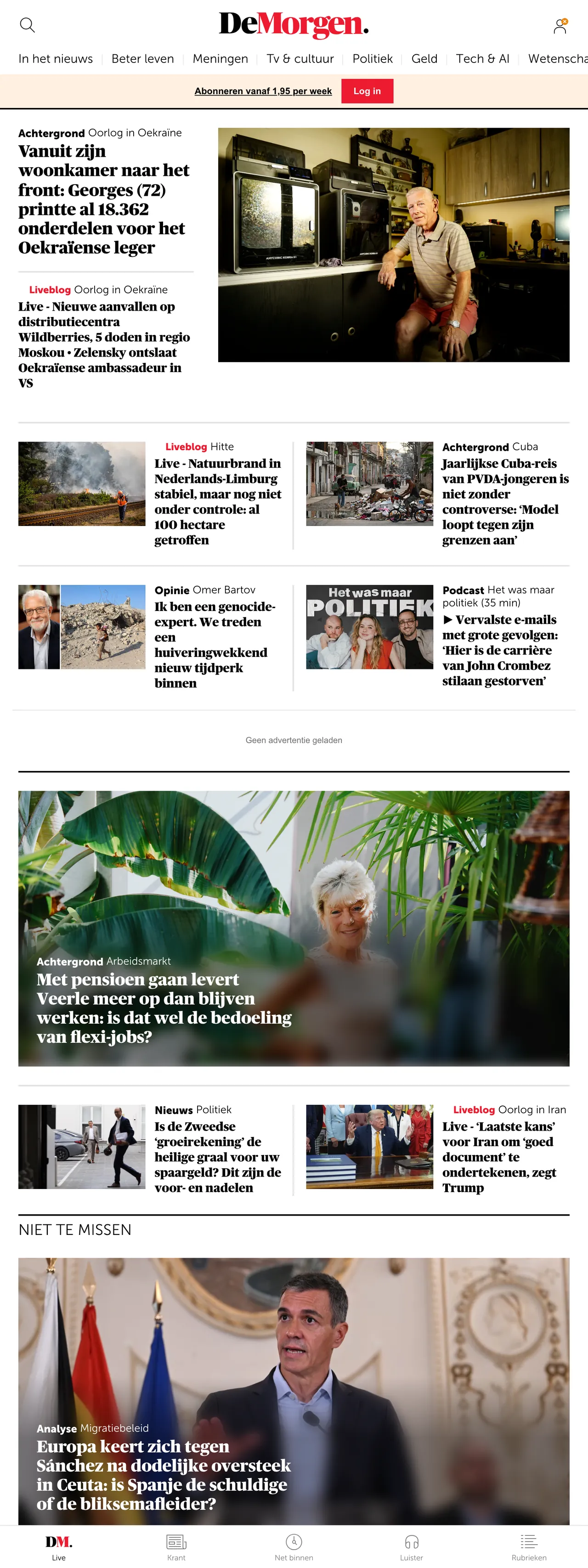Screenshot of the De Morgen front page
