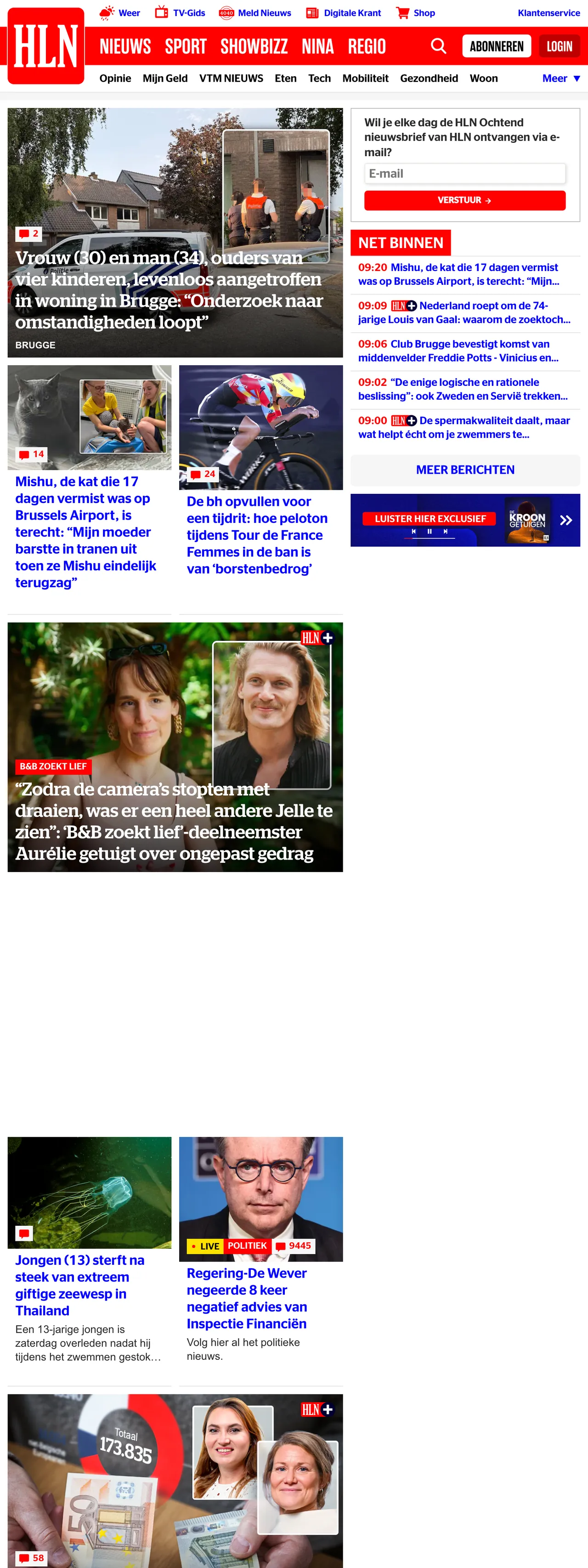 Screenshot of the HLN front page