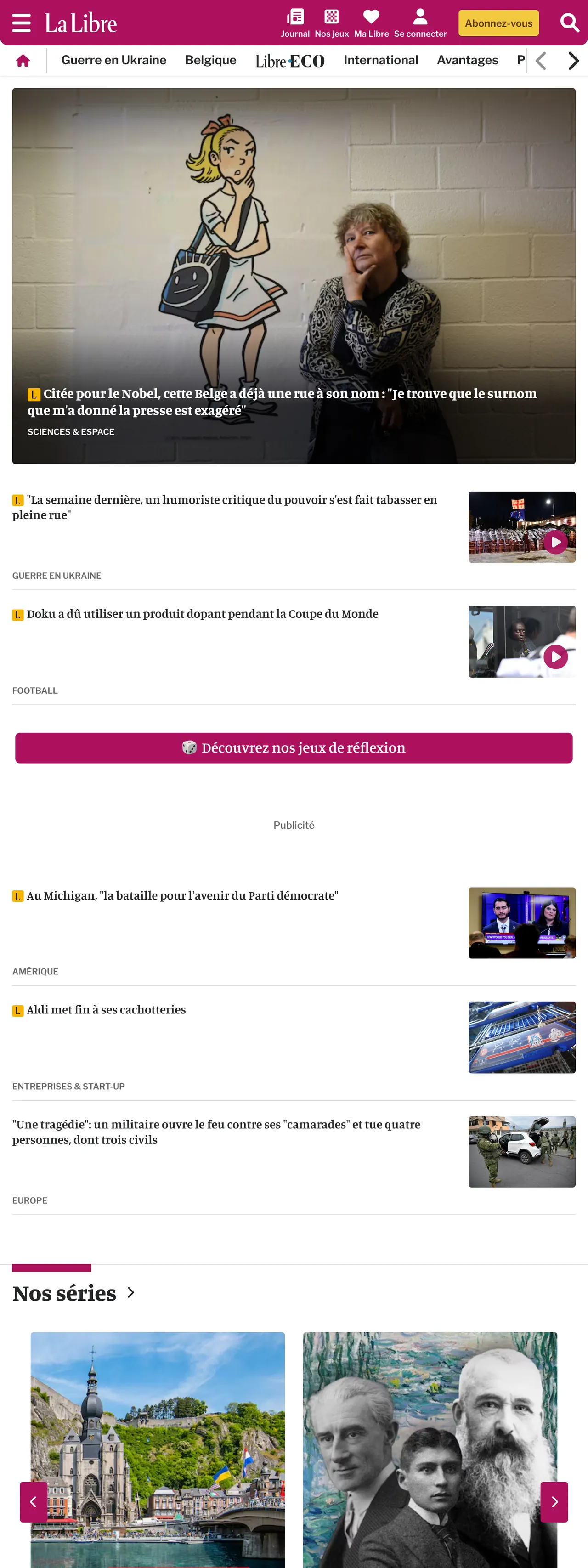 Screenshot of the La Libre front page
