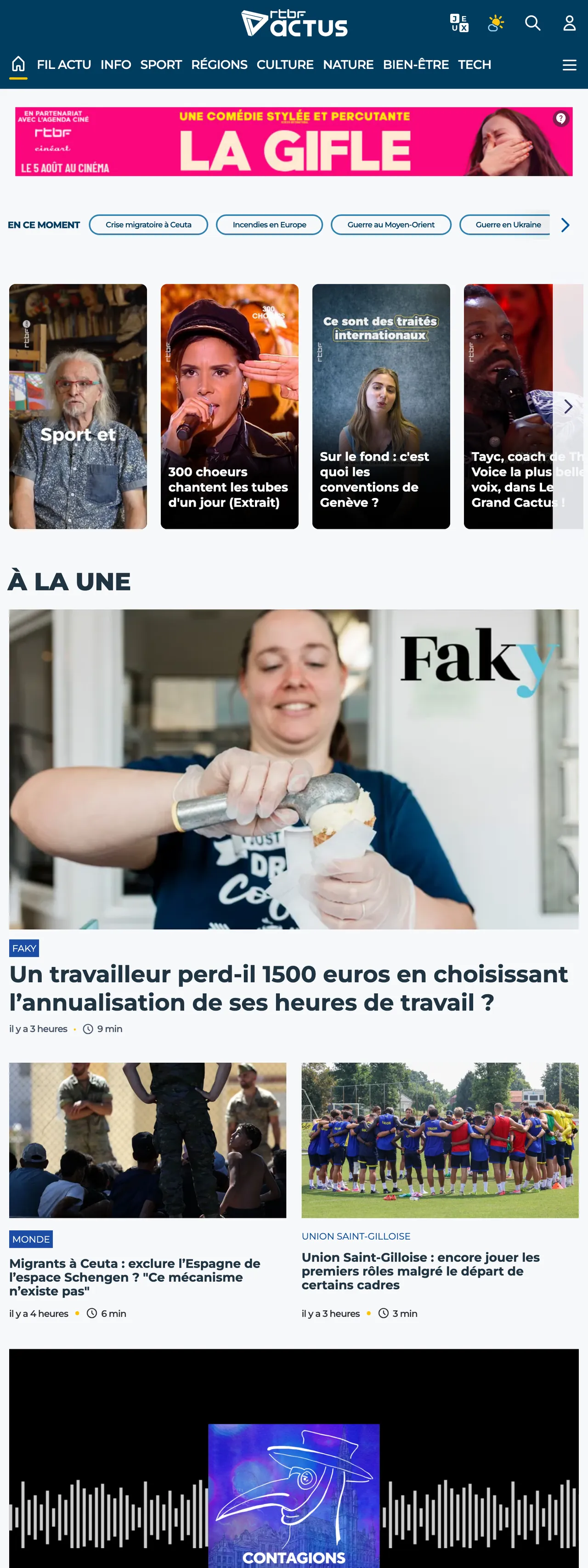 Screenshot of the RTBF front page