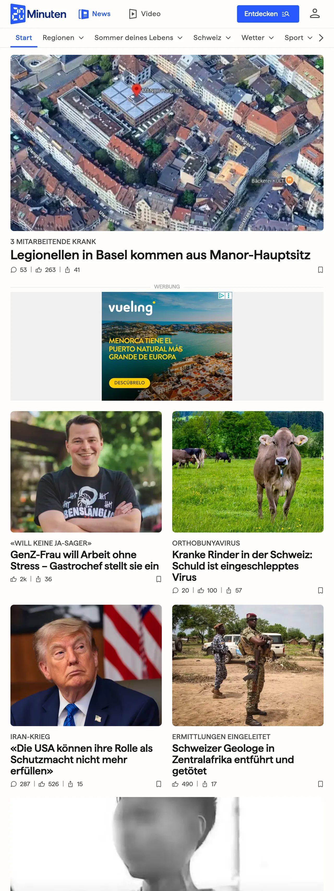 Screenshot of the 20 Minuten front page