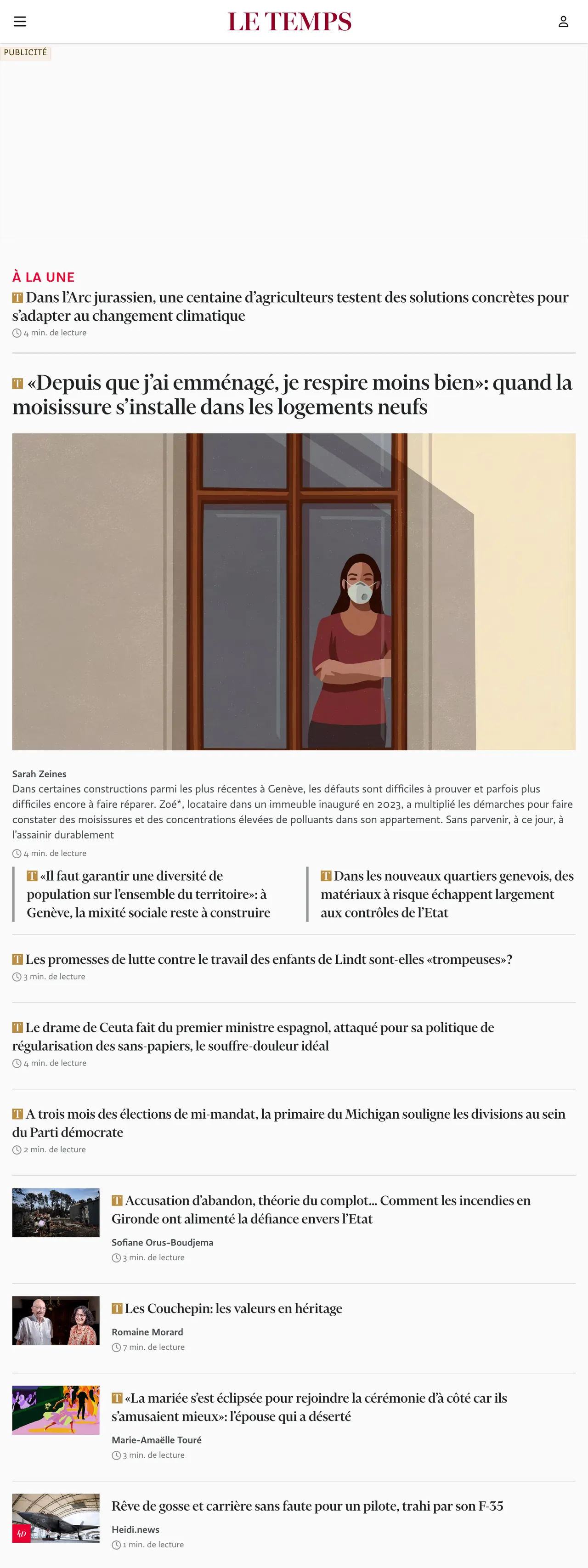 Screenshot of the Le Temps front page