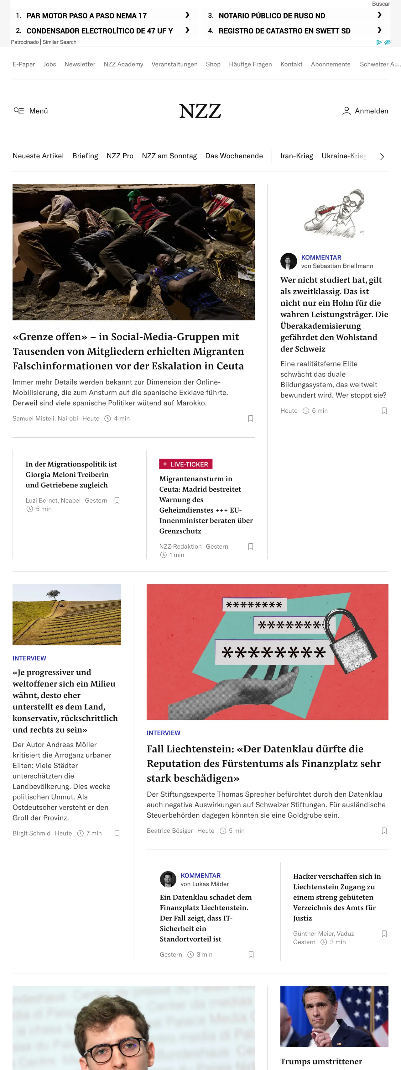 Screenshot of the Neue Zürcher Zeitung front page