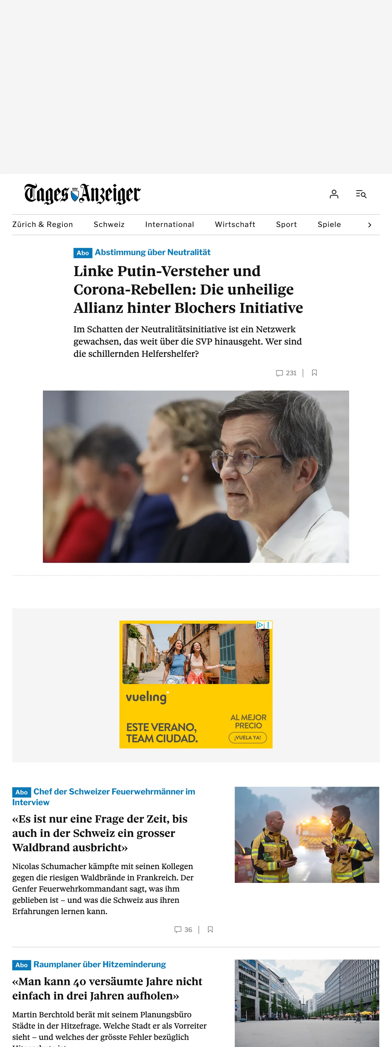 Screenshot of the Tages-Anzeiger front page