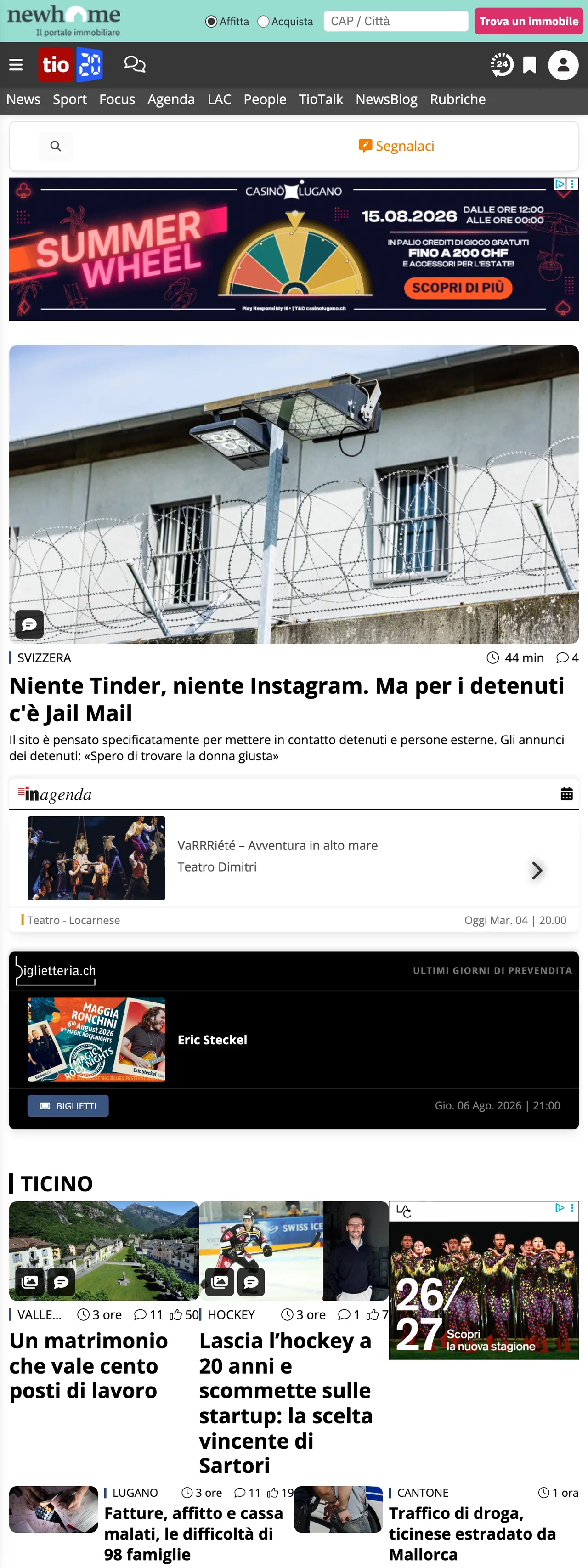 Screenshot of the Ticinonline front page