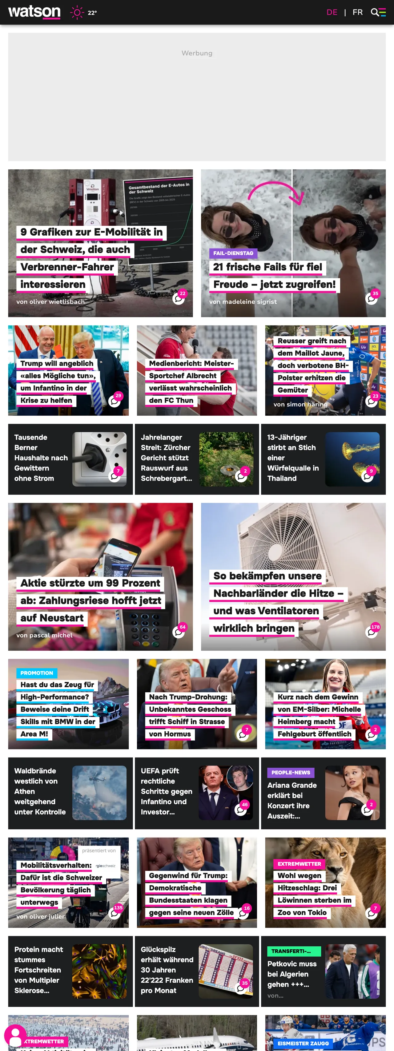 Screenshot of the watson front page
