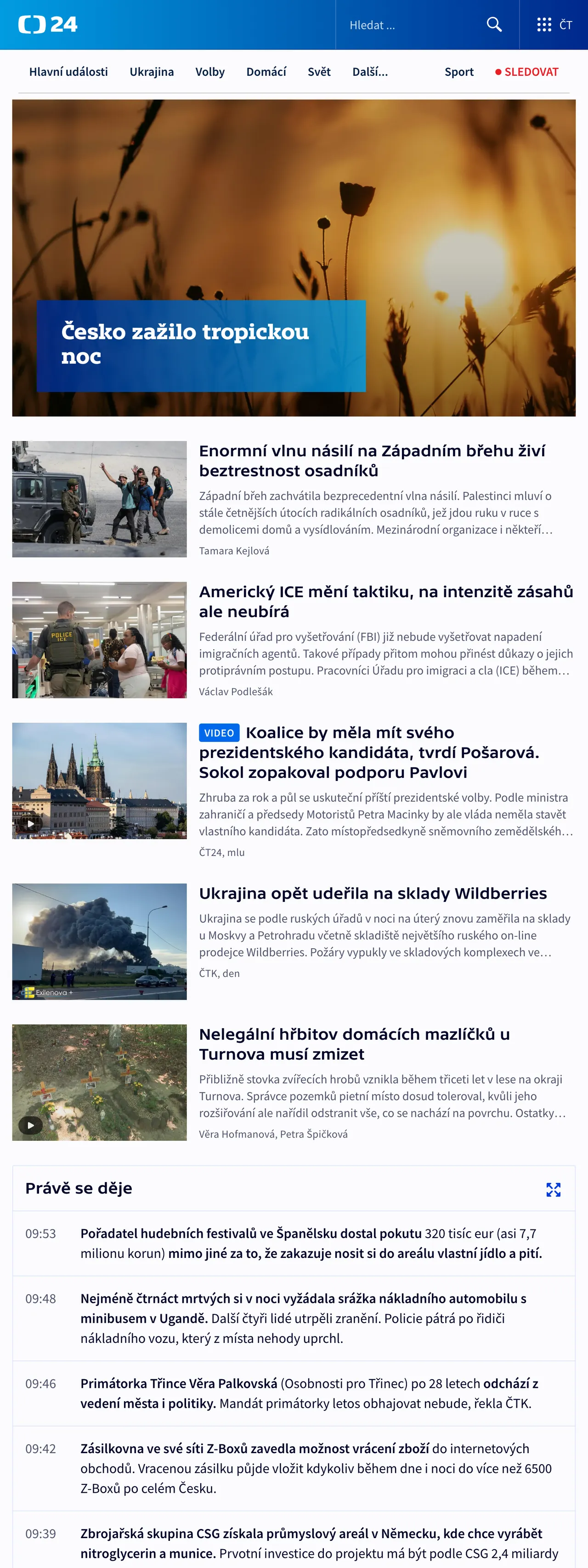 Screenshot of the ČT24 front page