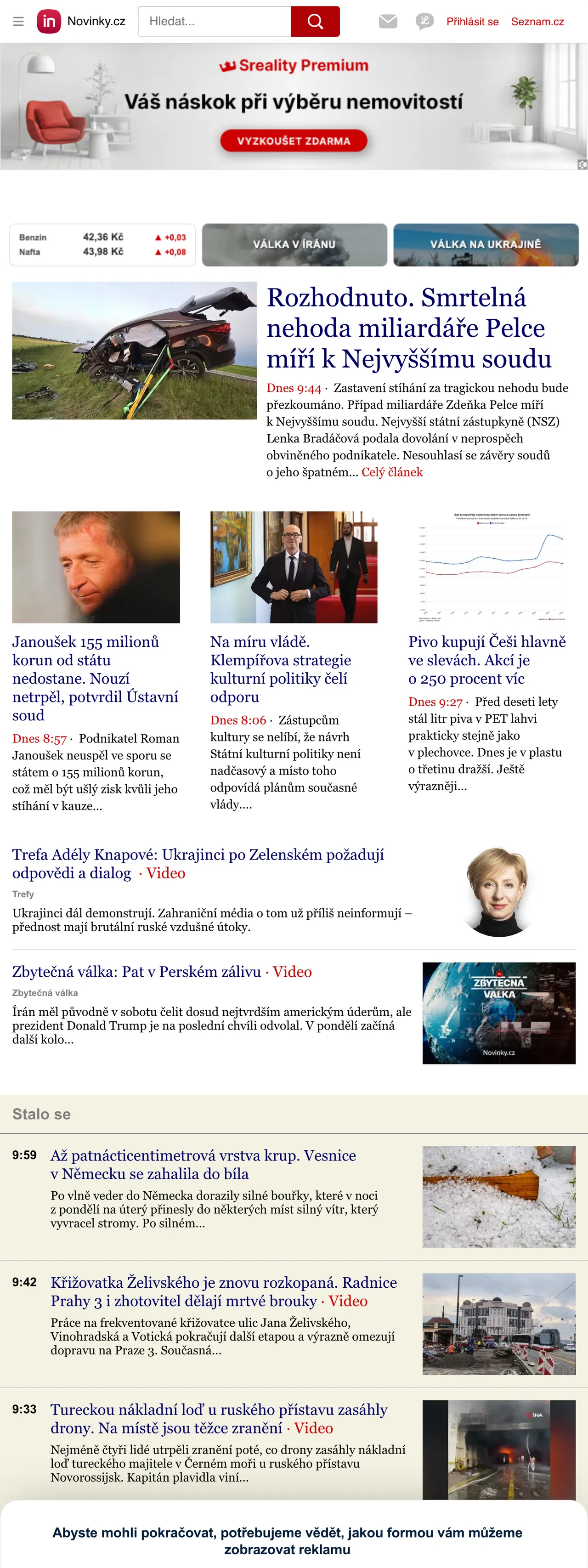 Screenshot of the Novinky.cz front page