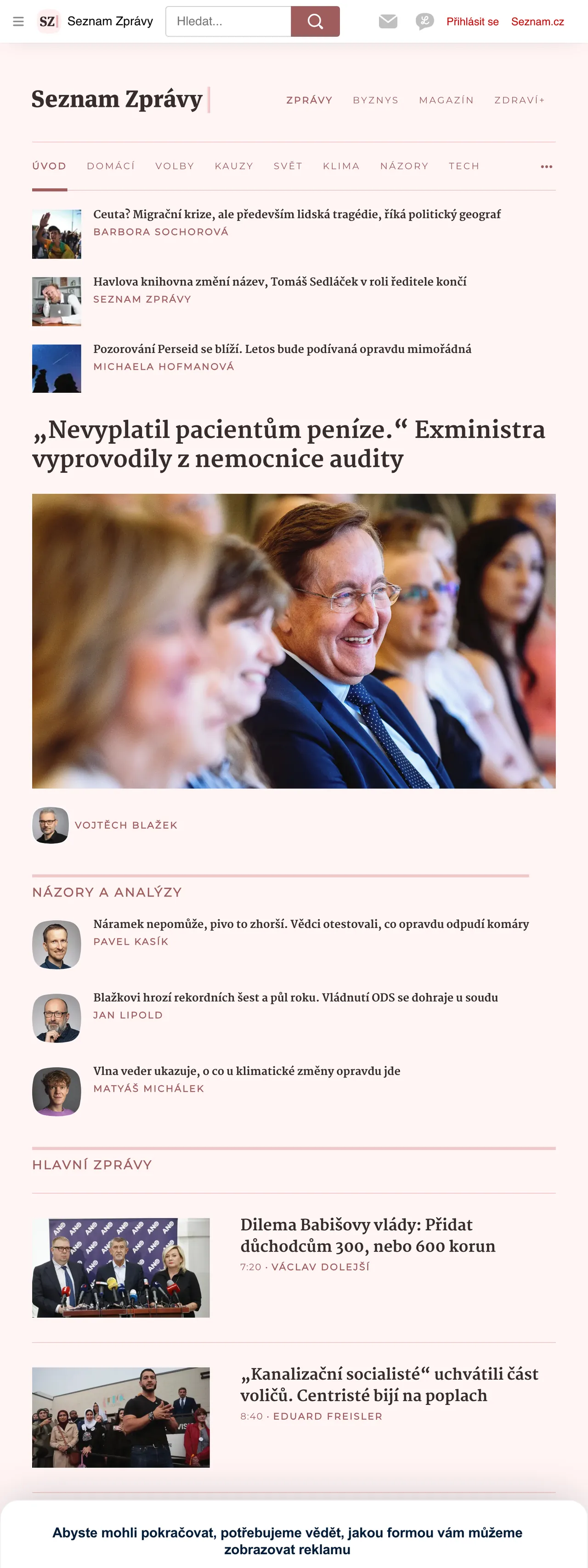 Screenshot of the Seznam Zprávy front page