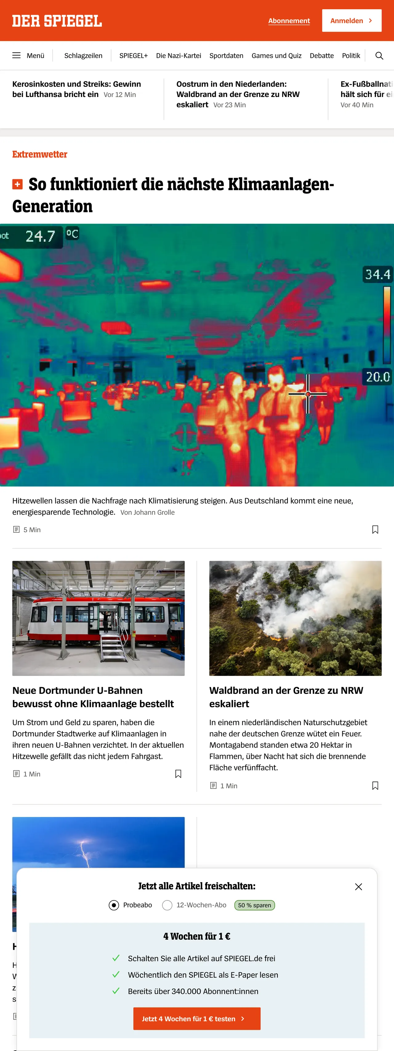 Screenshot of the DER SPIEGEL front page
