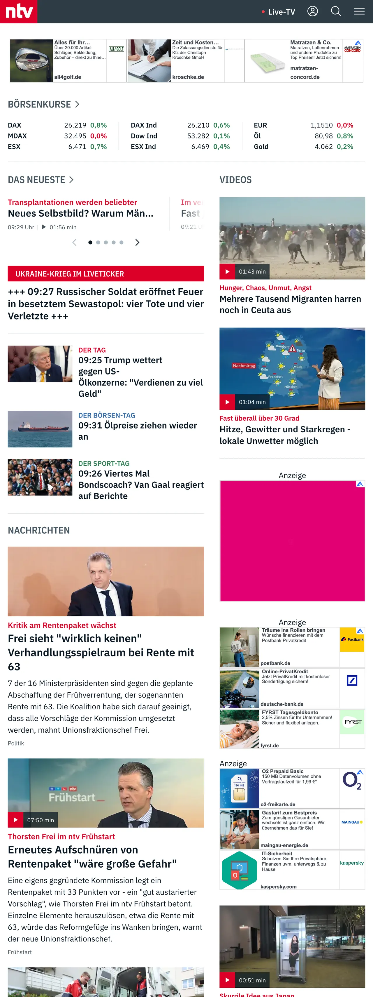 Screenshot of the n-tv front page