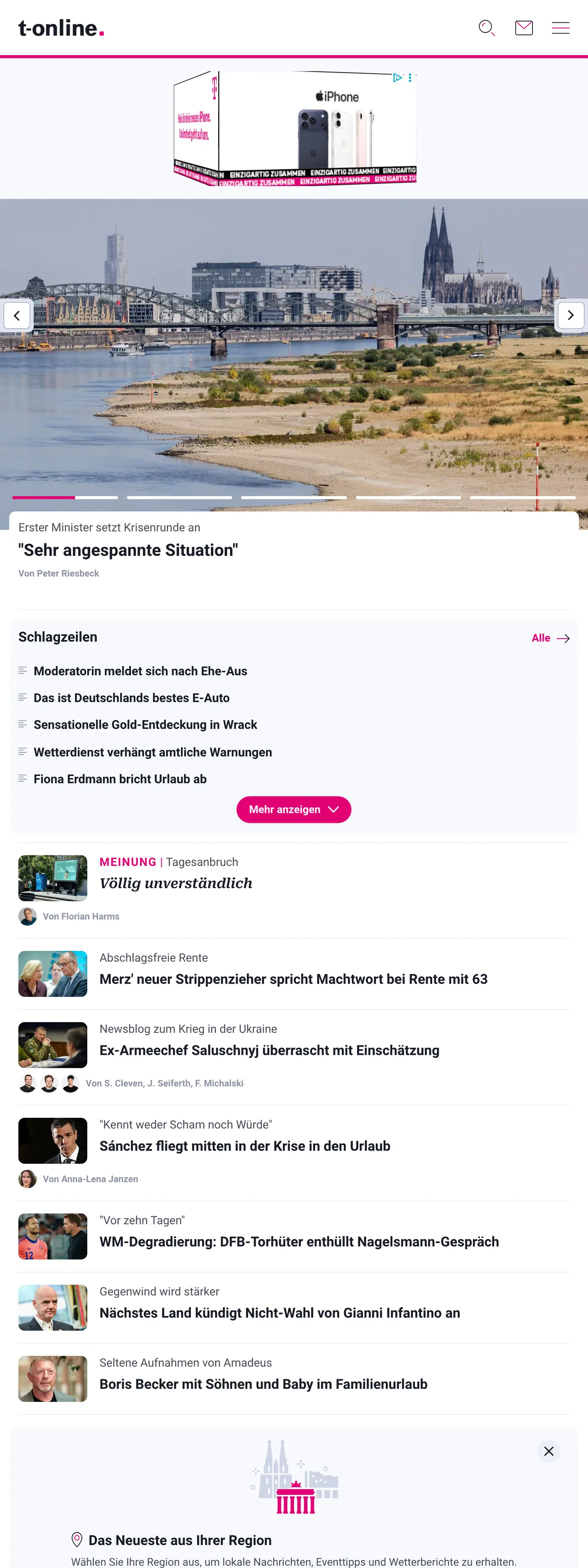 Screenshot of the t-online front page