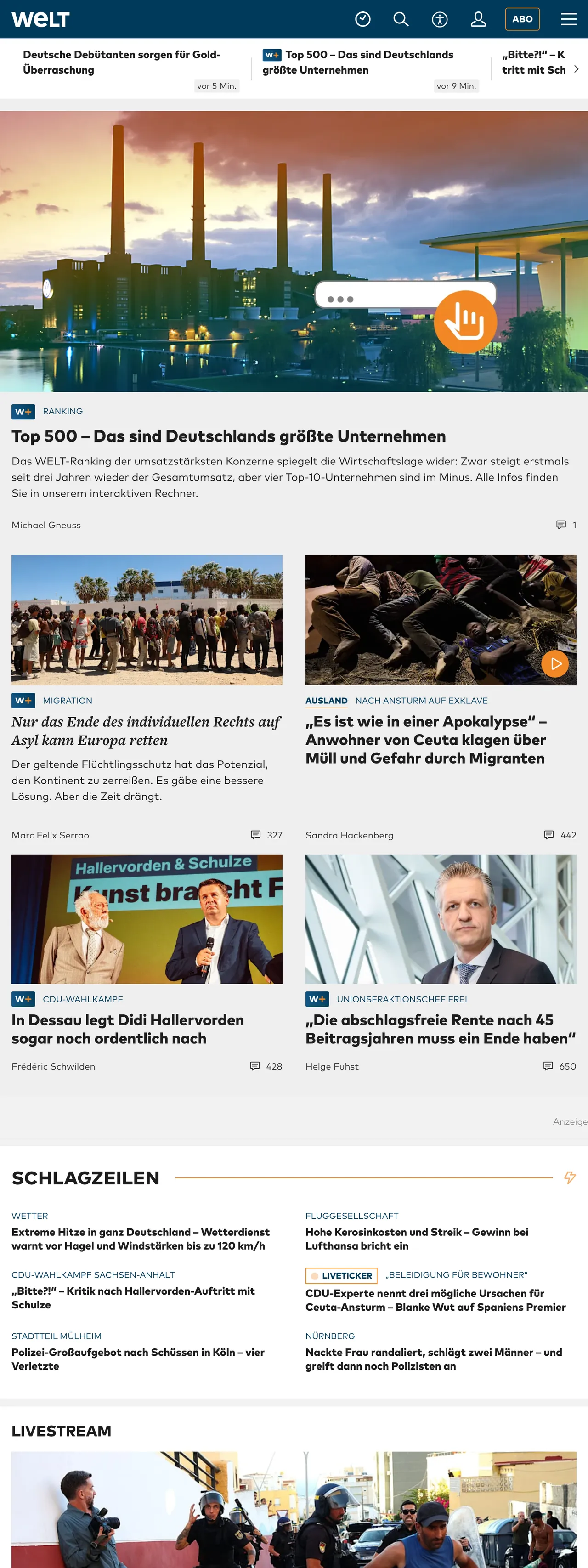 Screenshot of the WELT front page