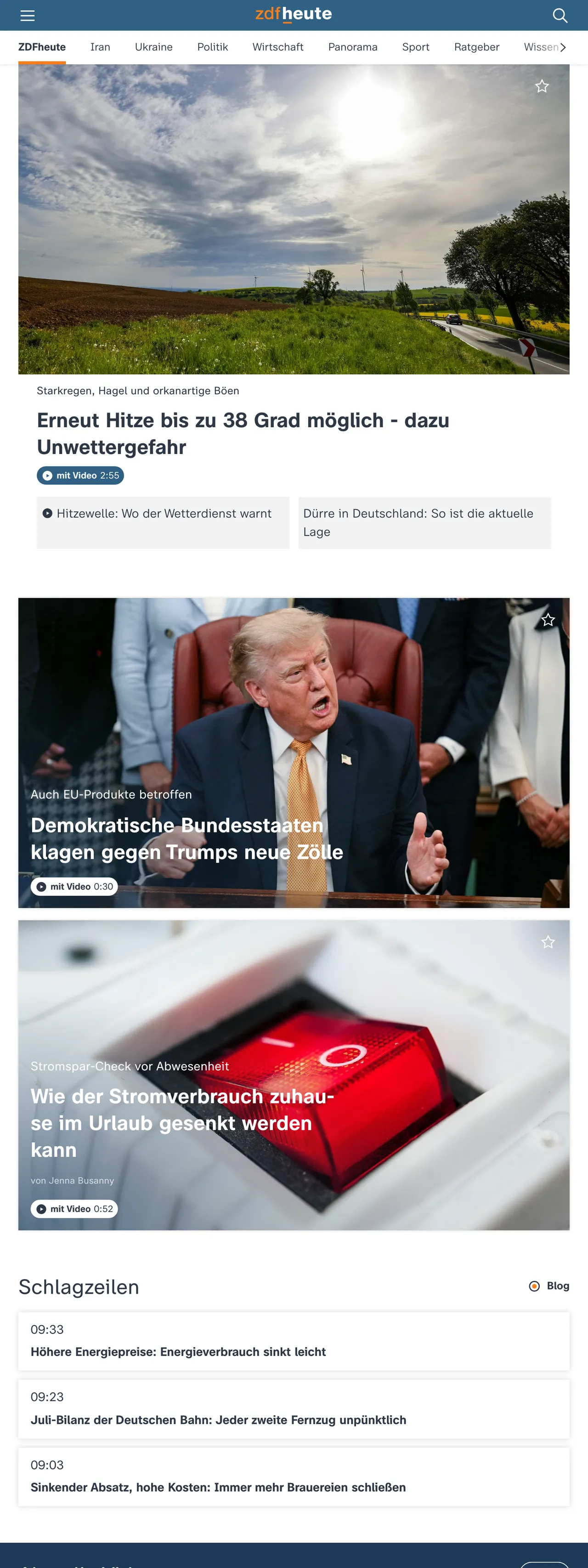 Screenshot of the ZDFheute front page