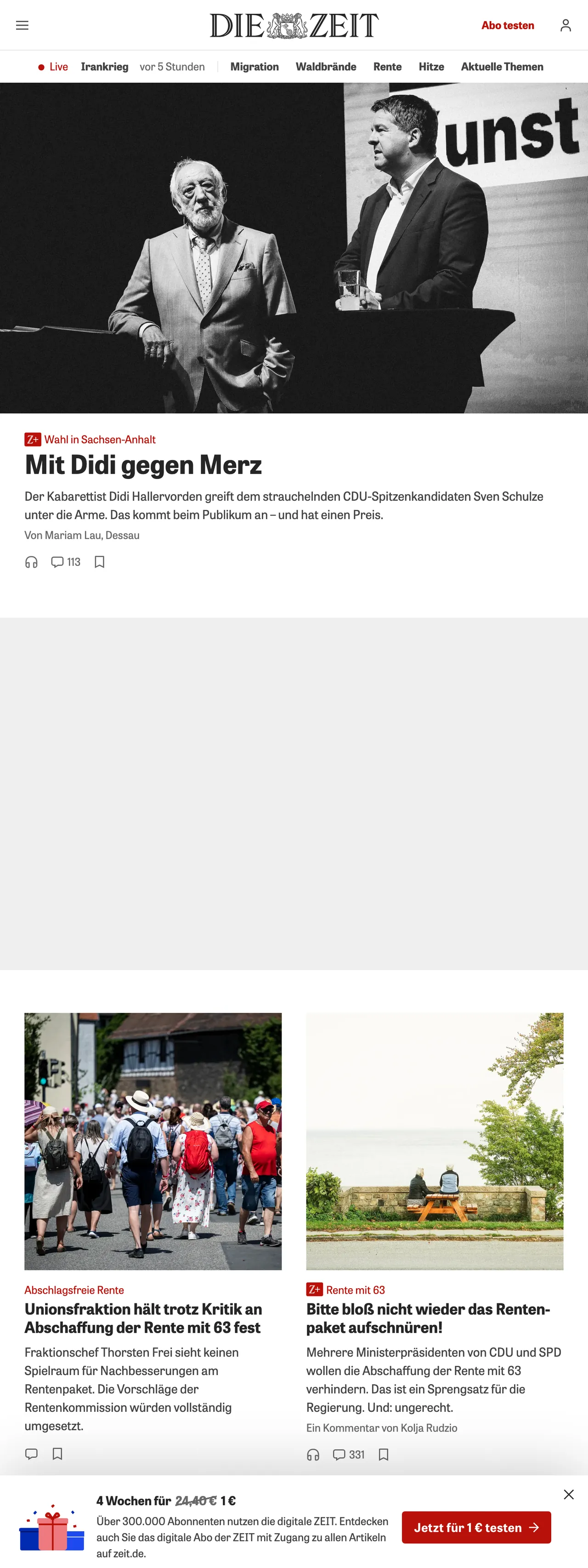 Screenshot of the ZEIT ONLINE front page