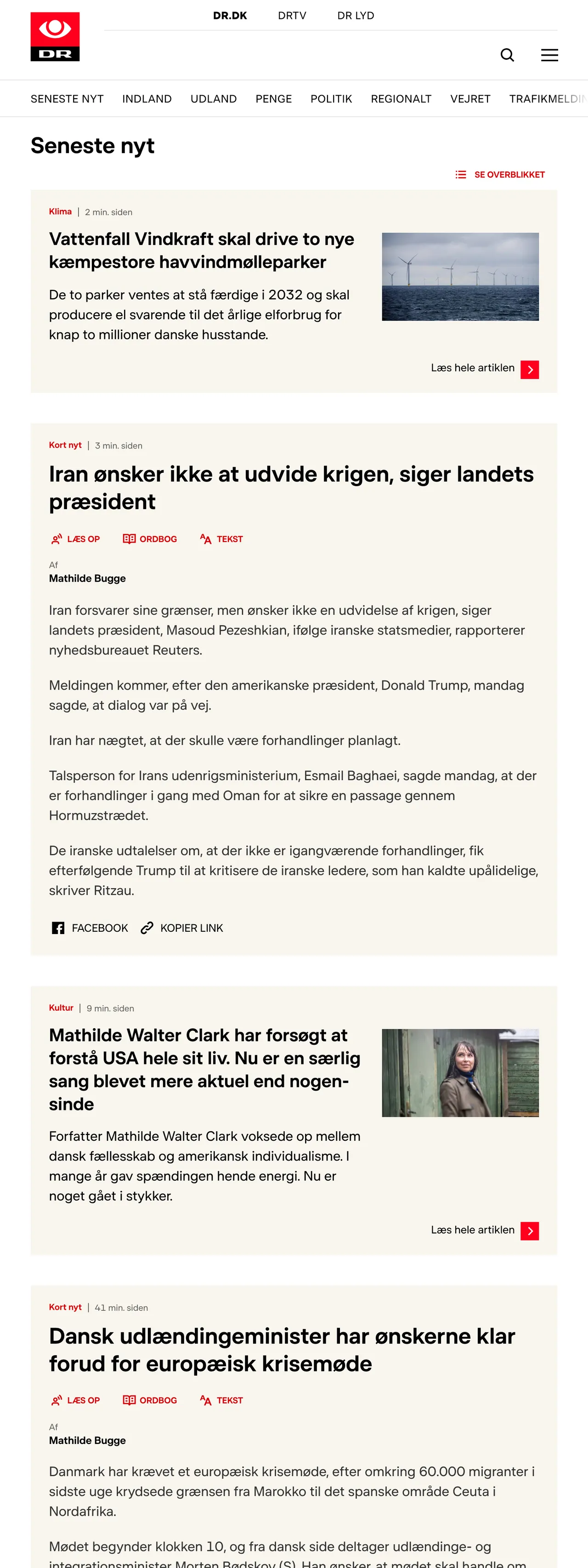 Screenshot of the DR front page