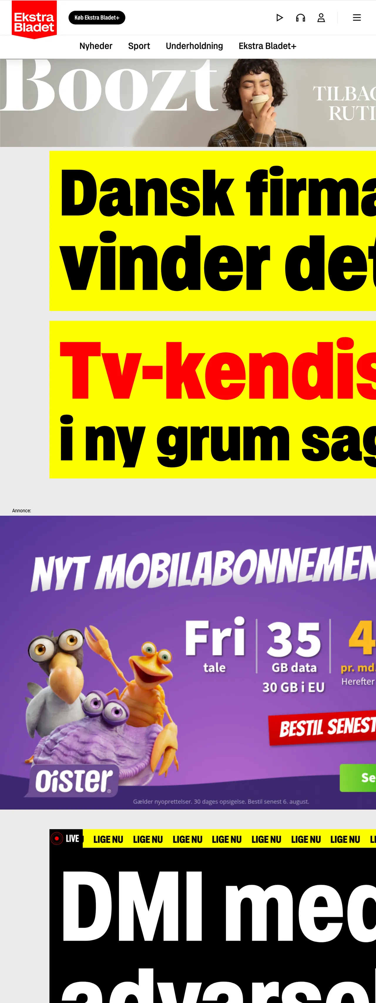 Screenshot of the Ekstra Bladet front page