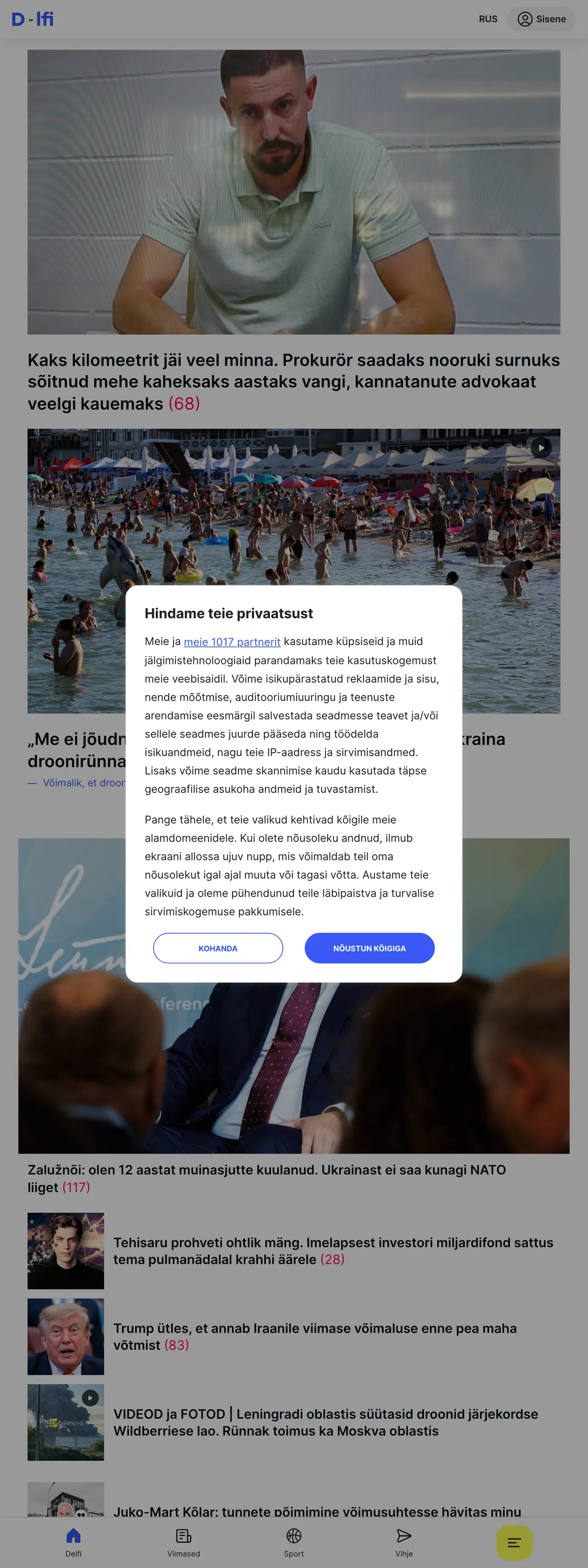 Screenshot of the Delfi front page