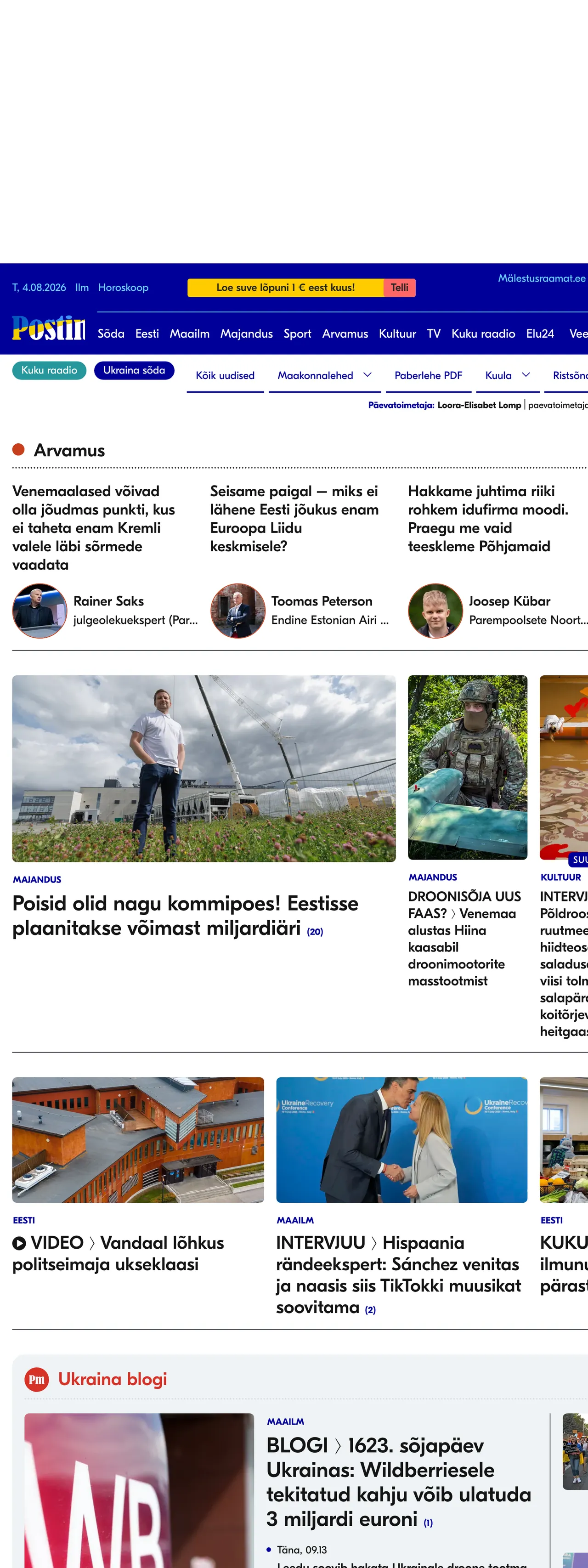 Screenshot of the Postimees front page