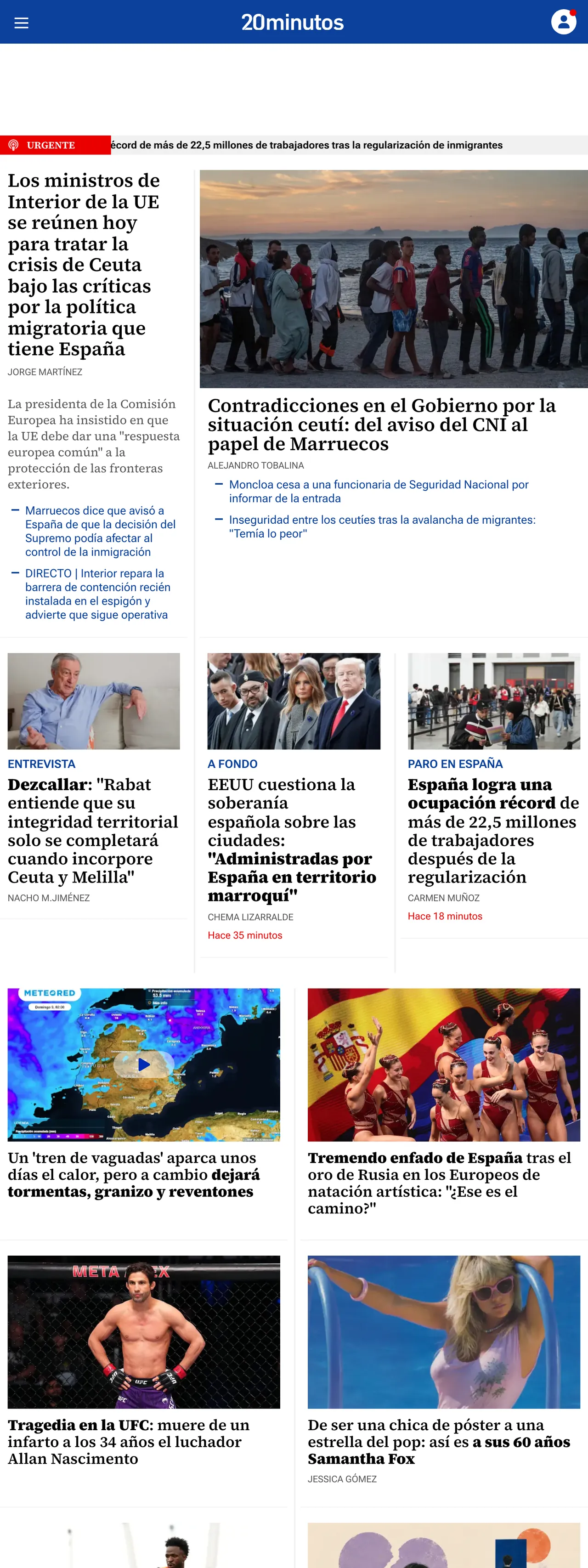Screenshot of the 20minutos front page