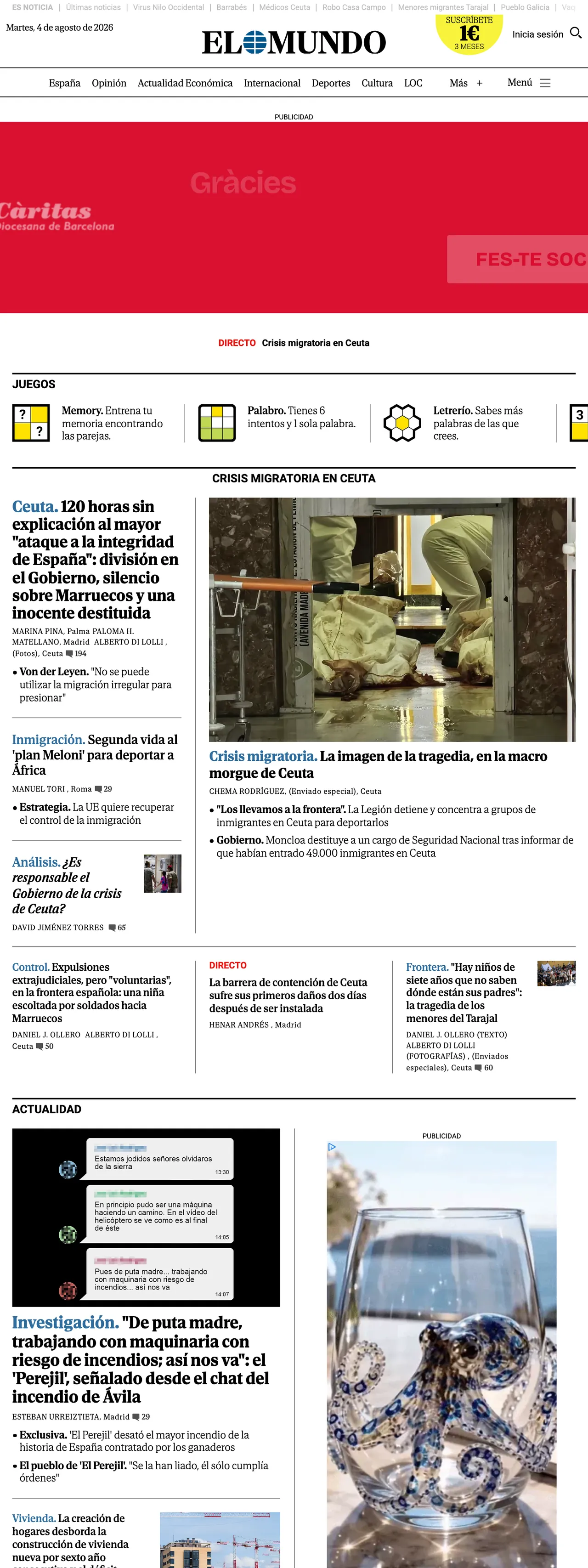 Screenshot of the El Mundo front page