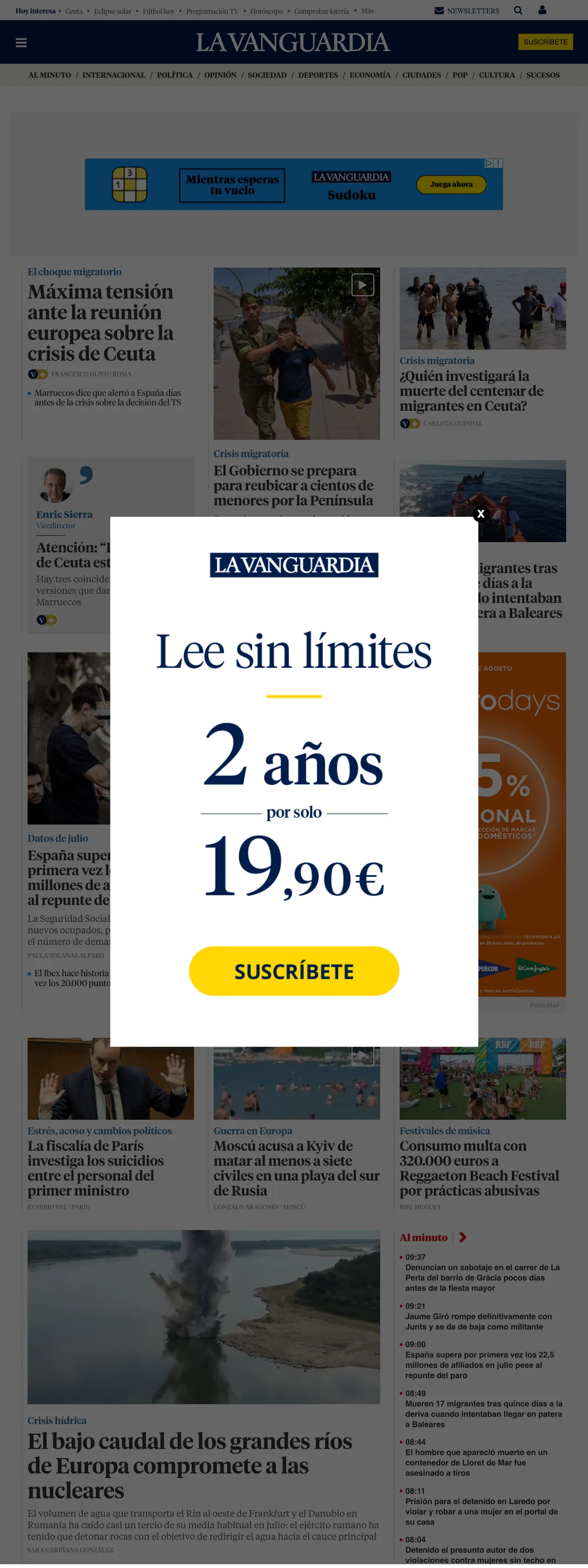 Screenshot of the La Vanguardia front page