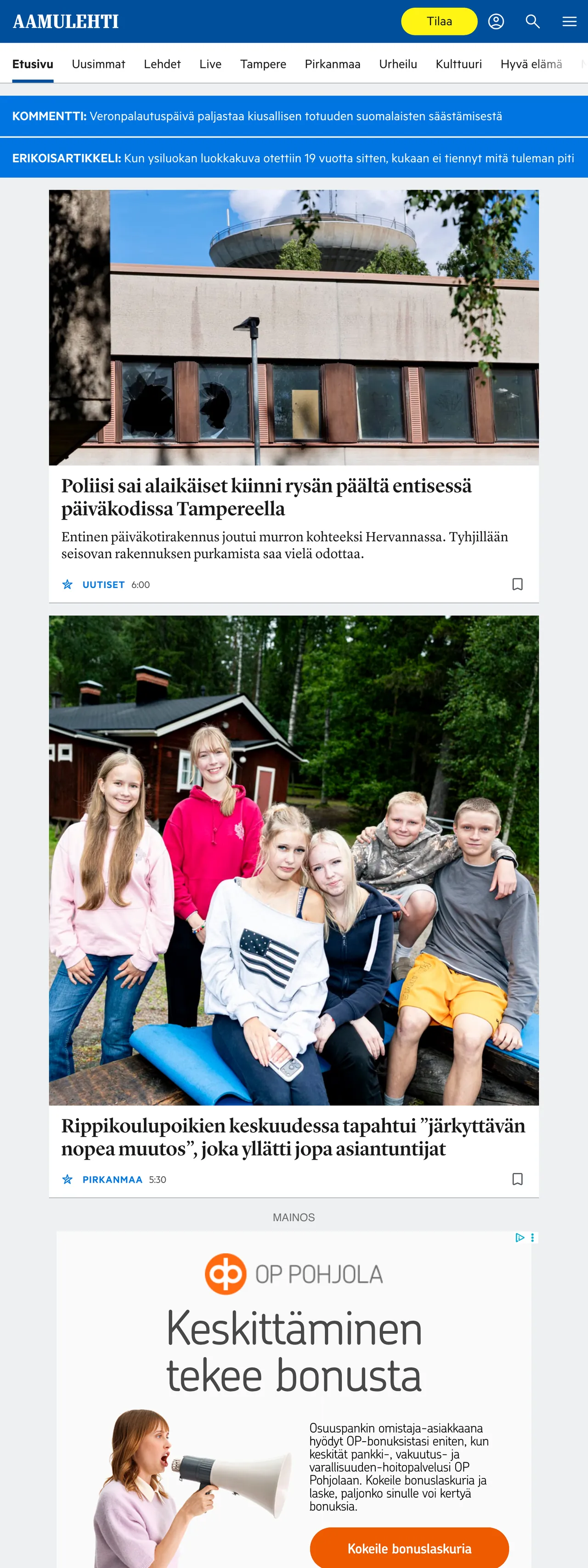 Screenshot of the Aamulehti front page