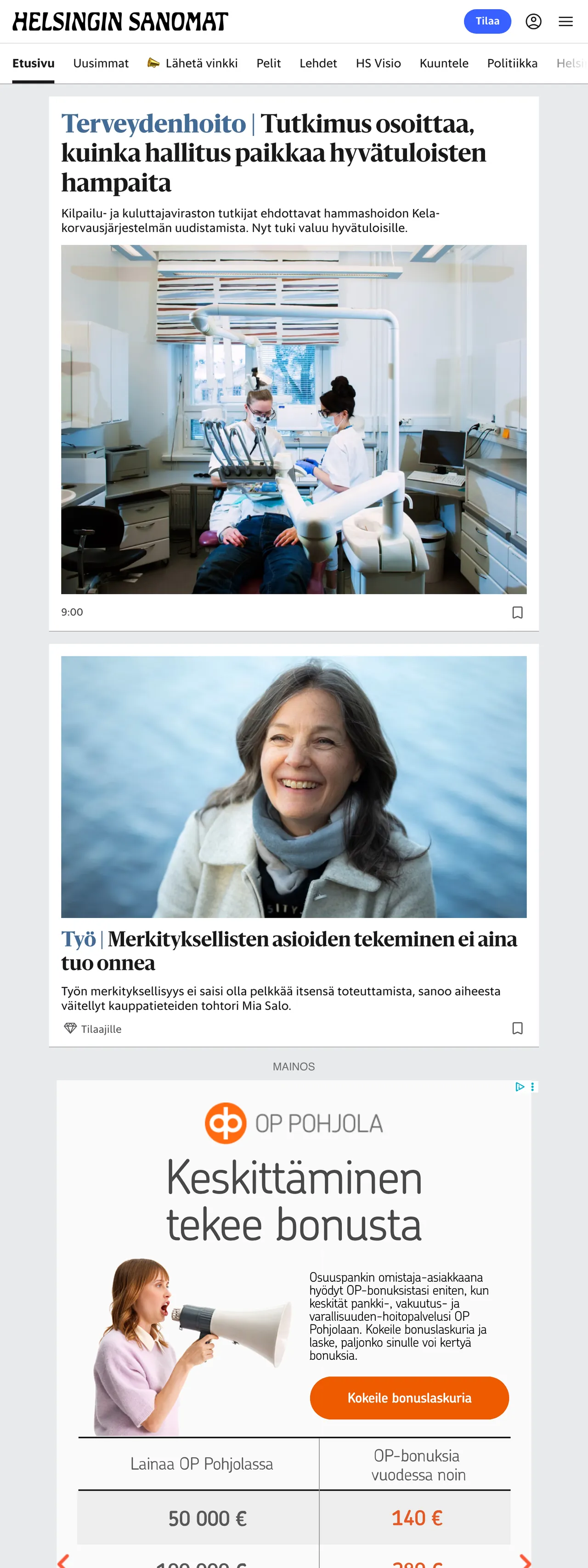 Screenshot of the Helsingin Sanomat front page