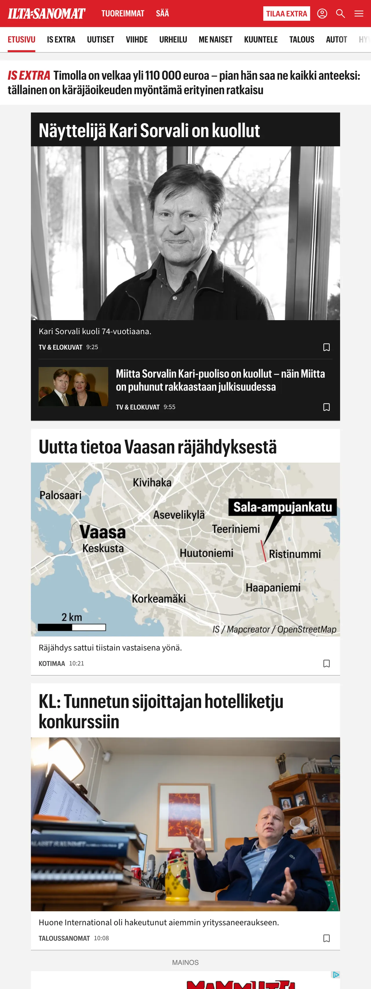 Screenshot of the Ilta-Sanomat front page