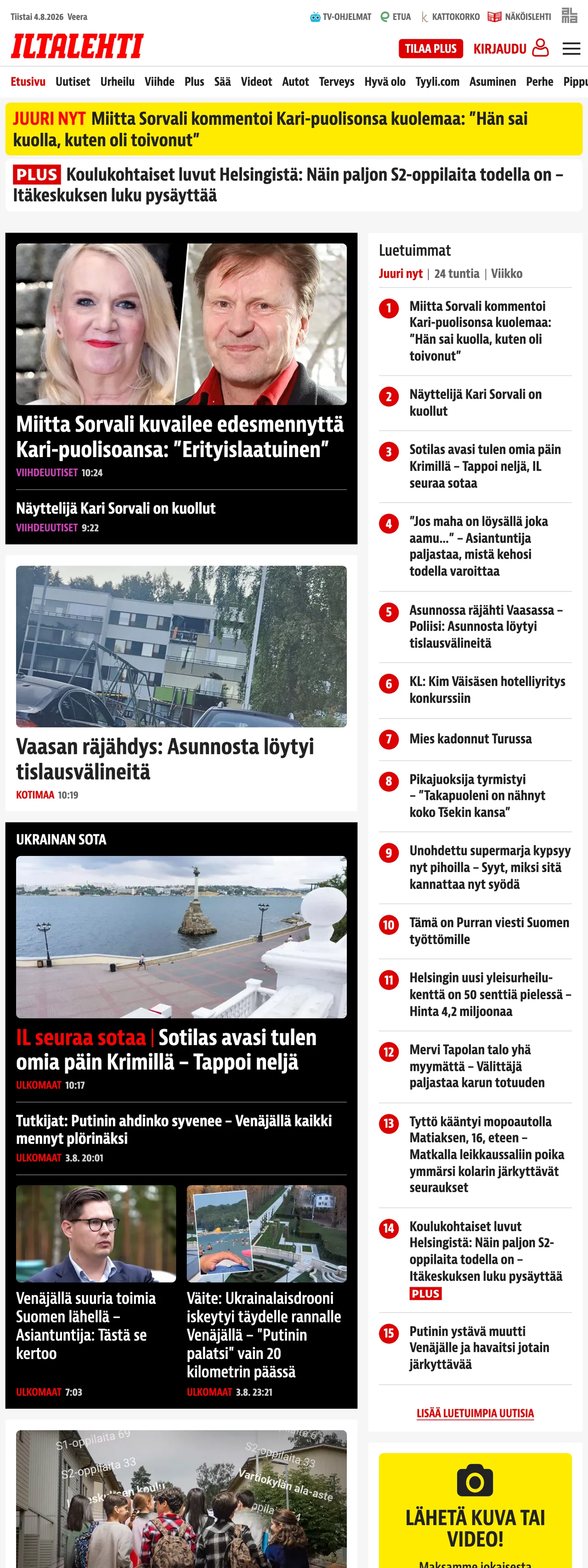 Screenshot of the Iltalehti front page