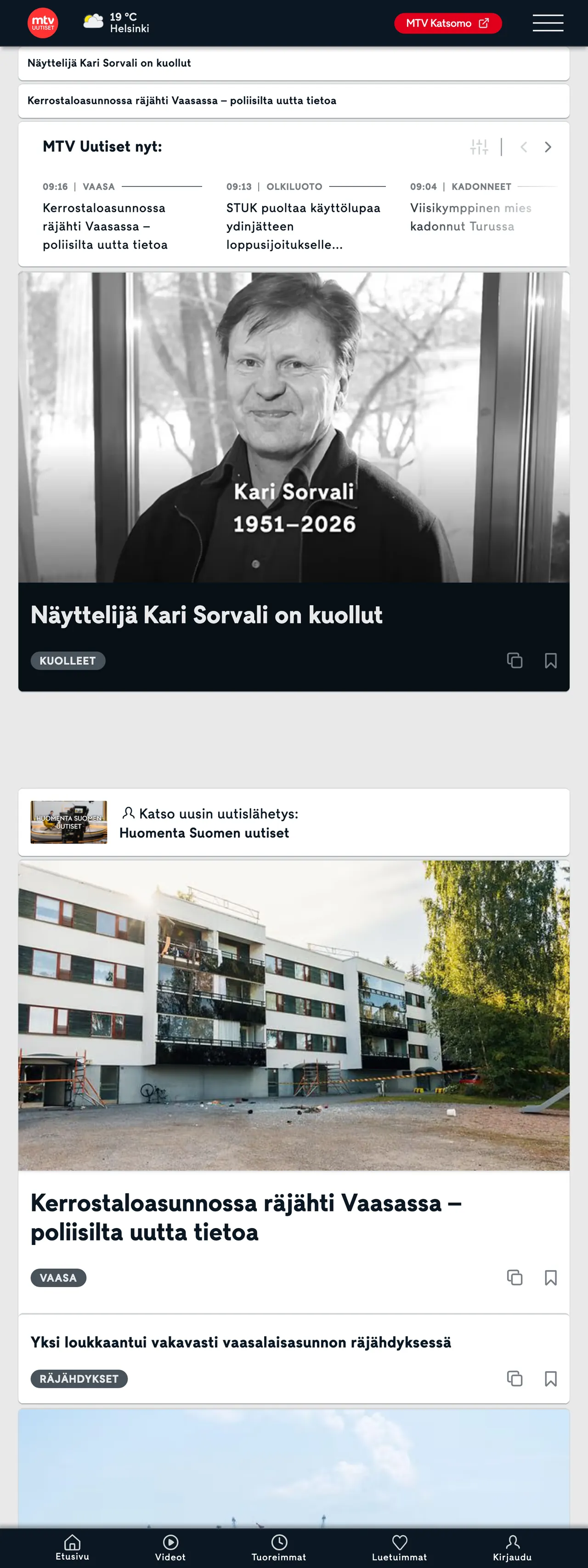Screenshot of the MTV Uutiset front page