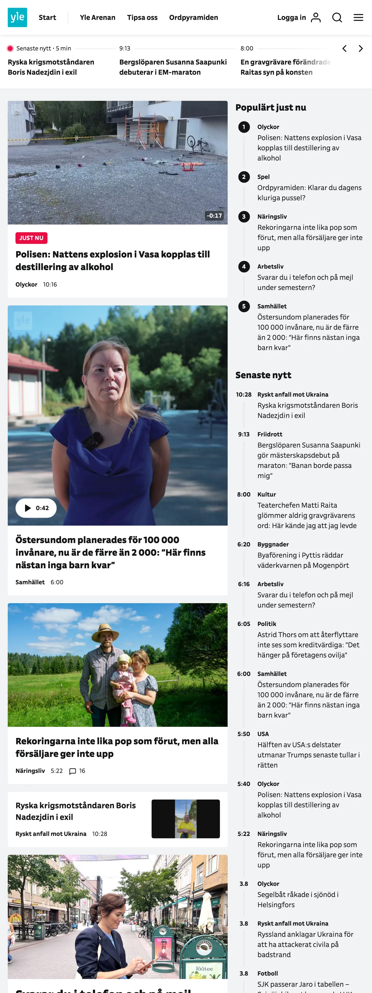 Screenshot of the Svenska Yle front page