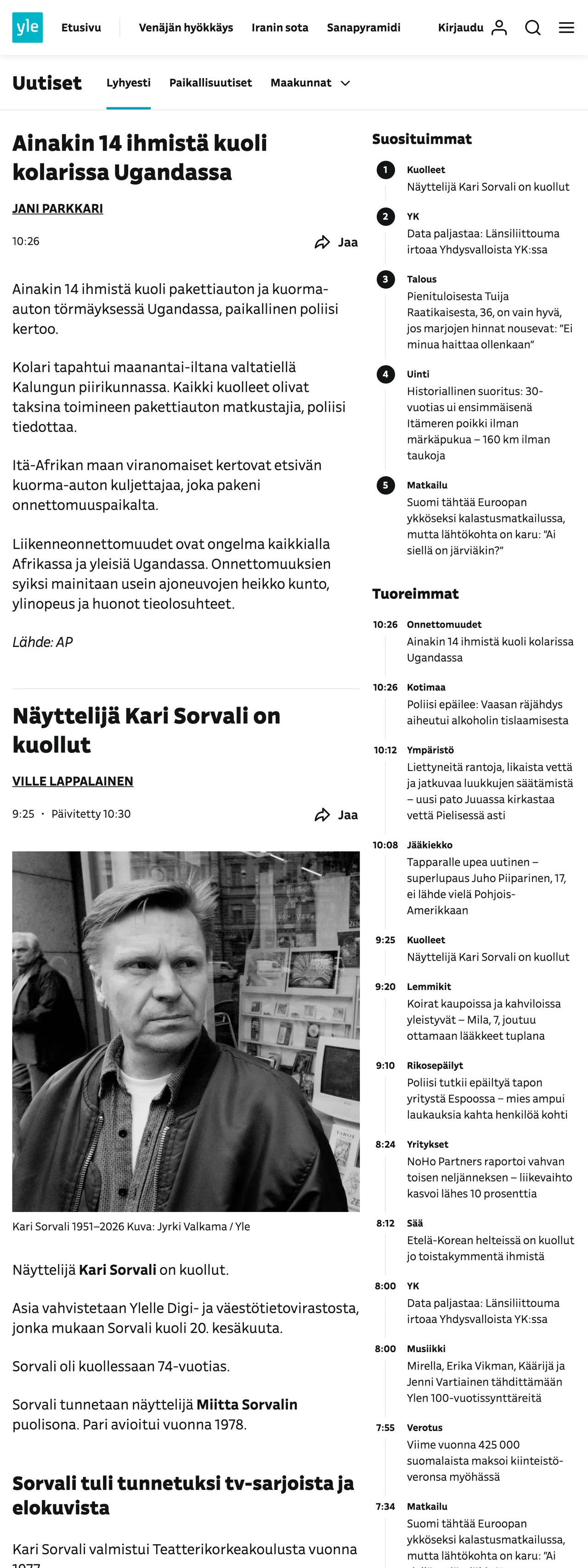 Screenshot of the Yle front page