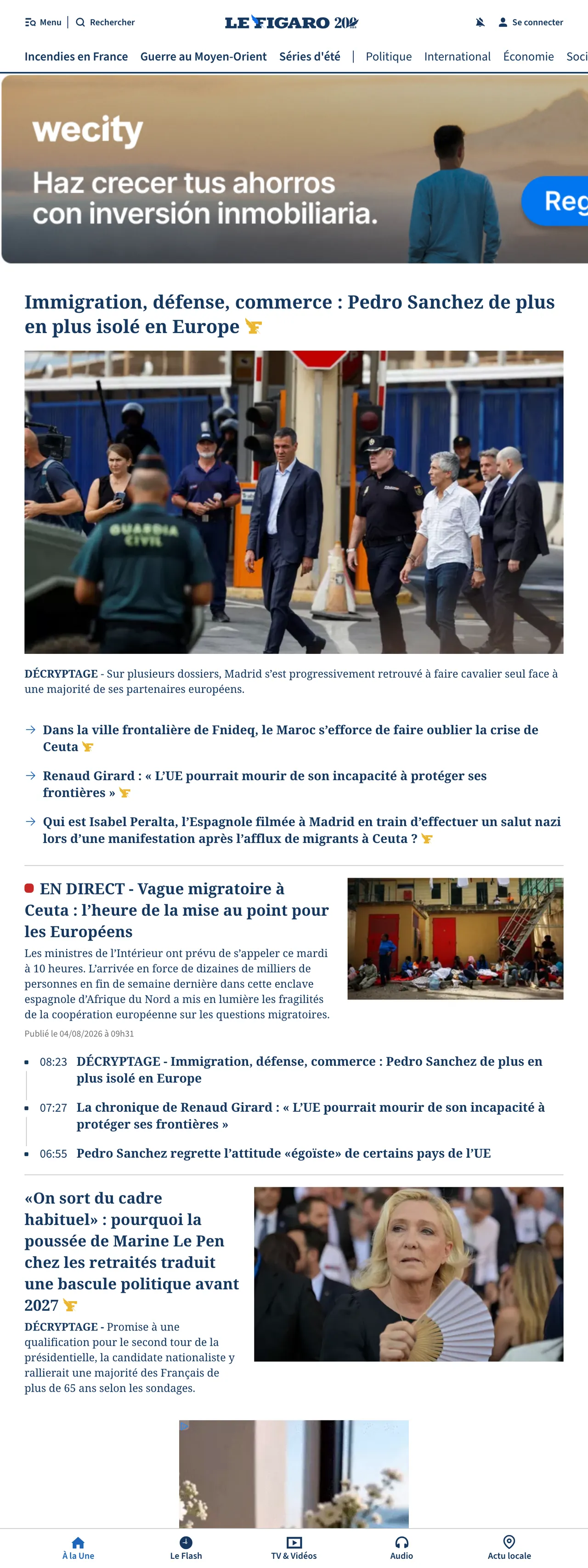 Screenshot of the Le Figaro front page