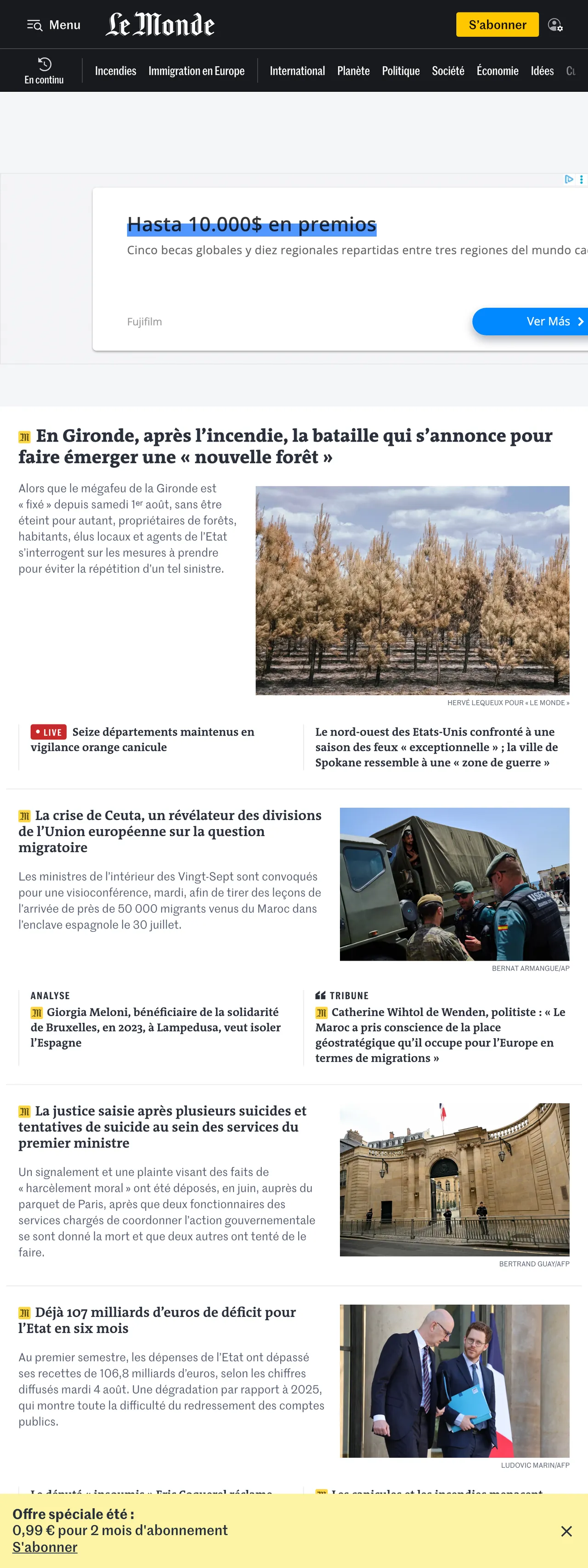Screenshot of the Le Monde front page