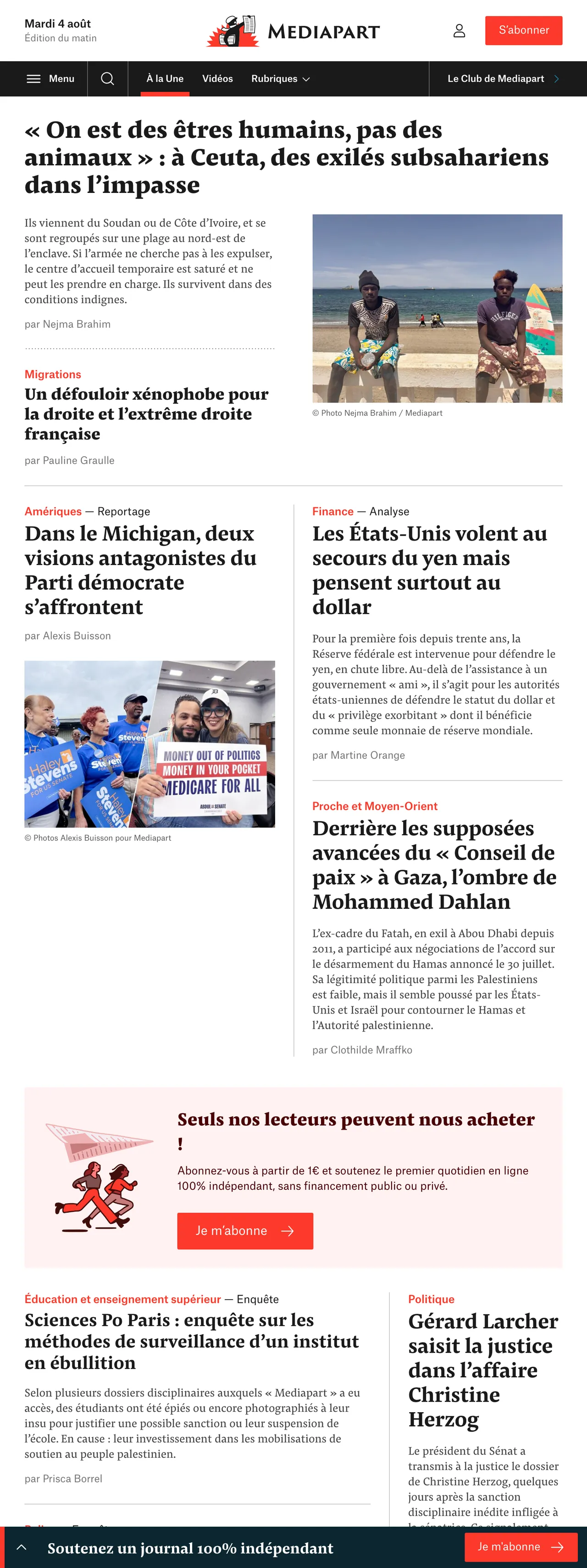 Screenshot of the Mediapart front page