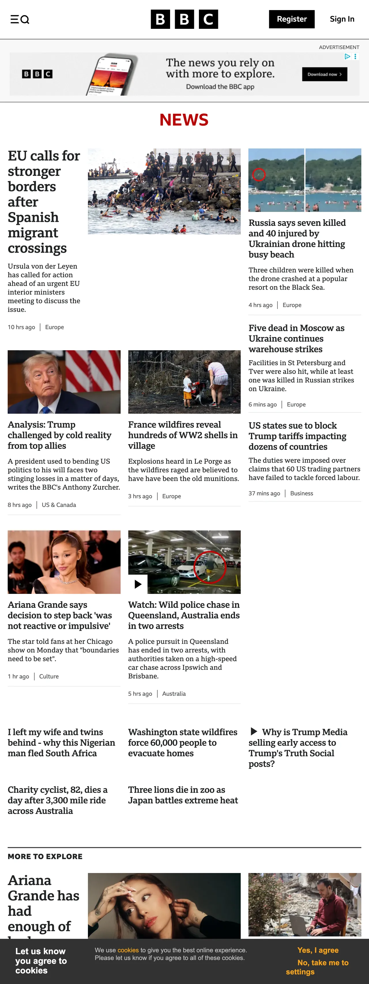 Screenshot of the BBC News front page