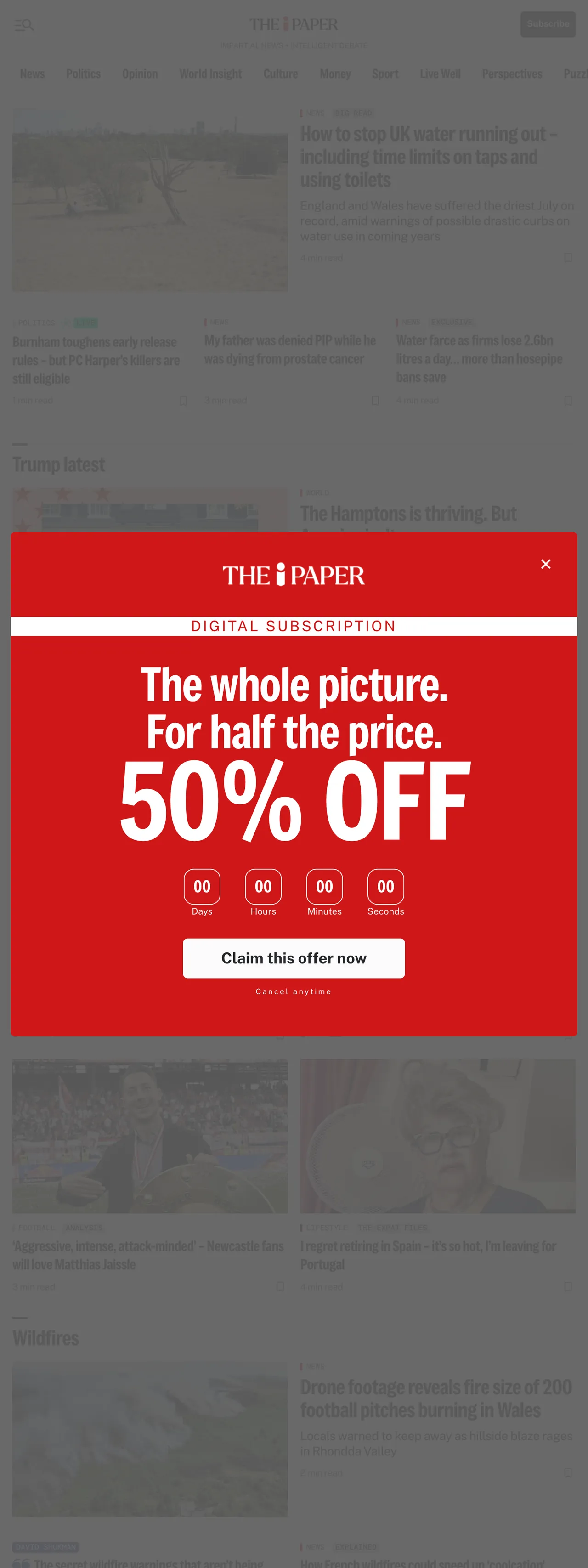 Screenshot of the The i Paper front page