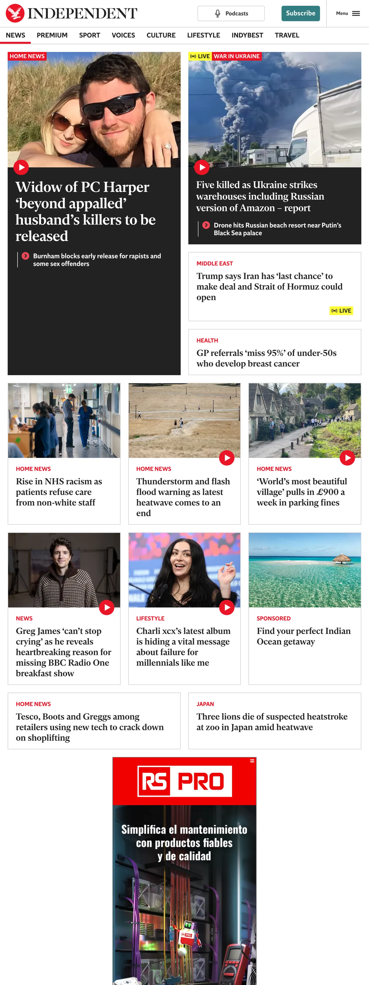 Screenshot of the The Independent front page