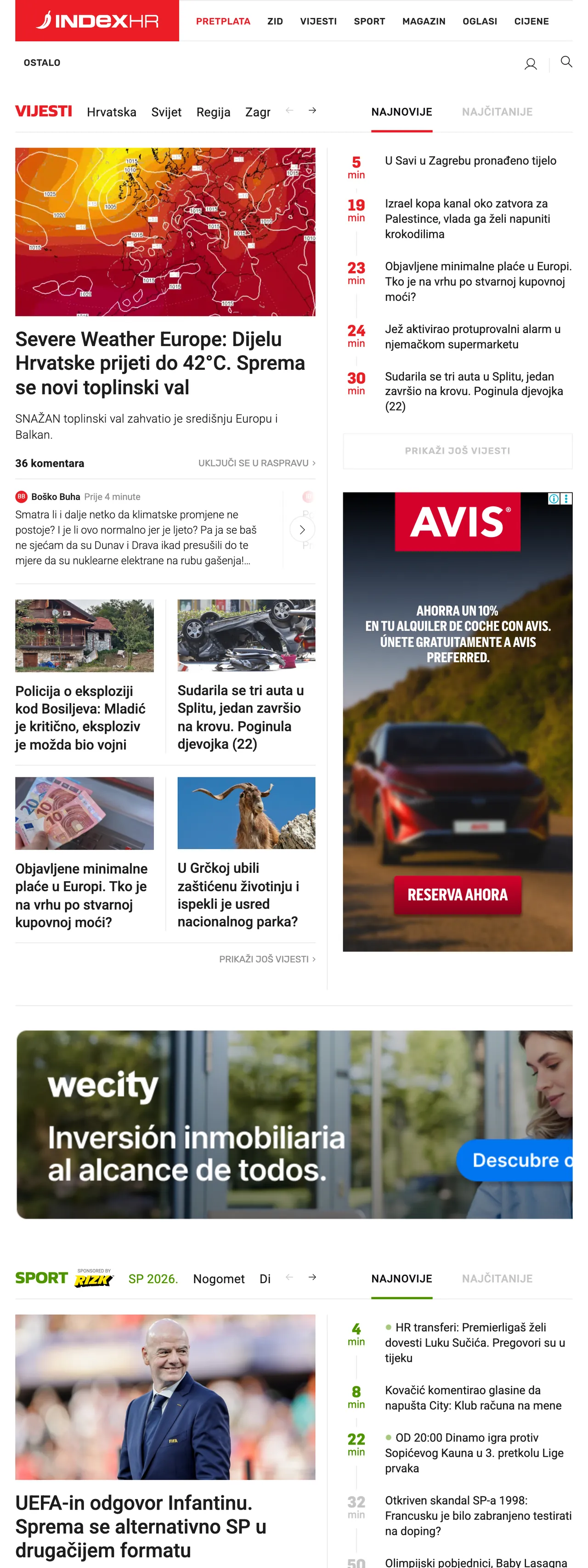 Screenshot of the Index.hr front page