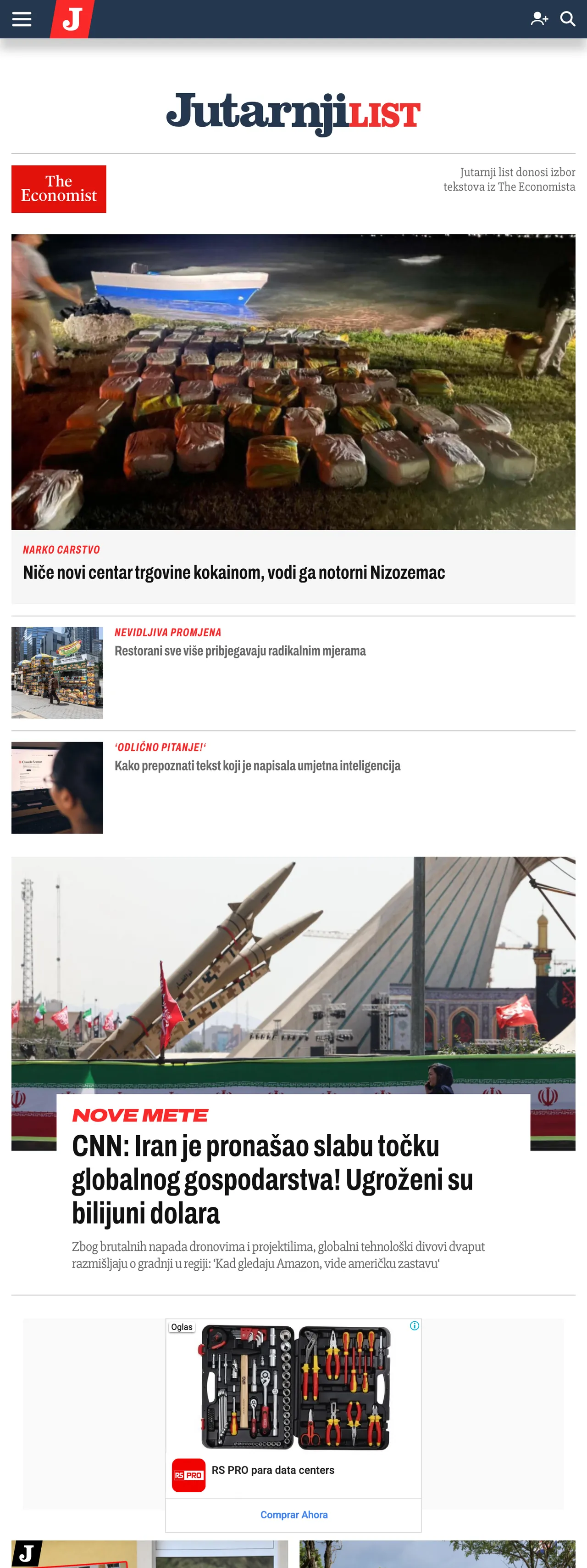 Screenshot of the Jutarnji list front page
