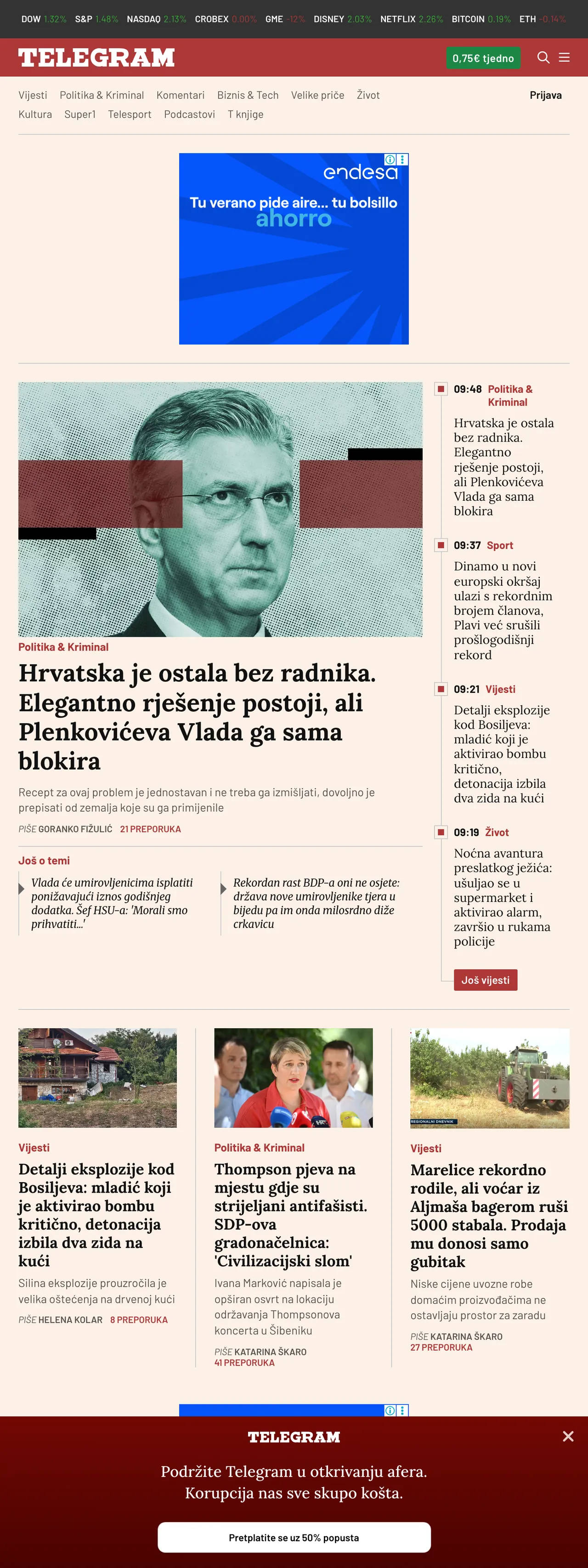 Screenshot of the Telegram.hr front page