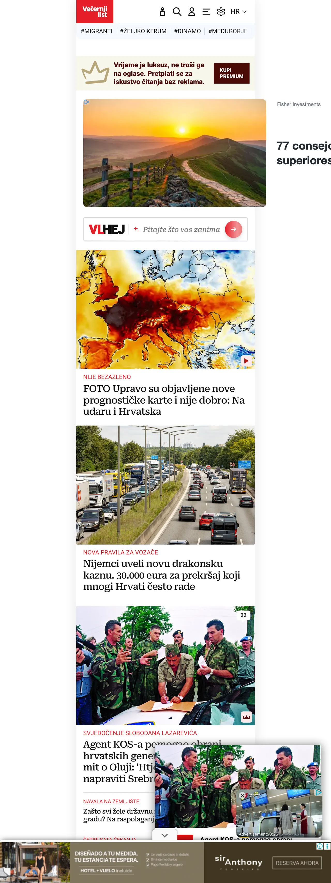 Screenshot of the Večernji list front page