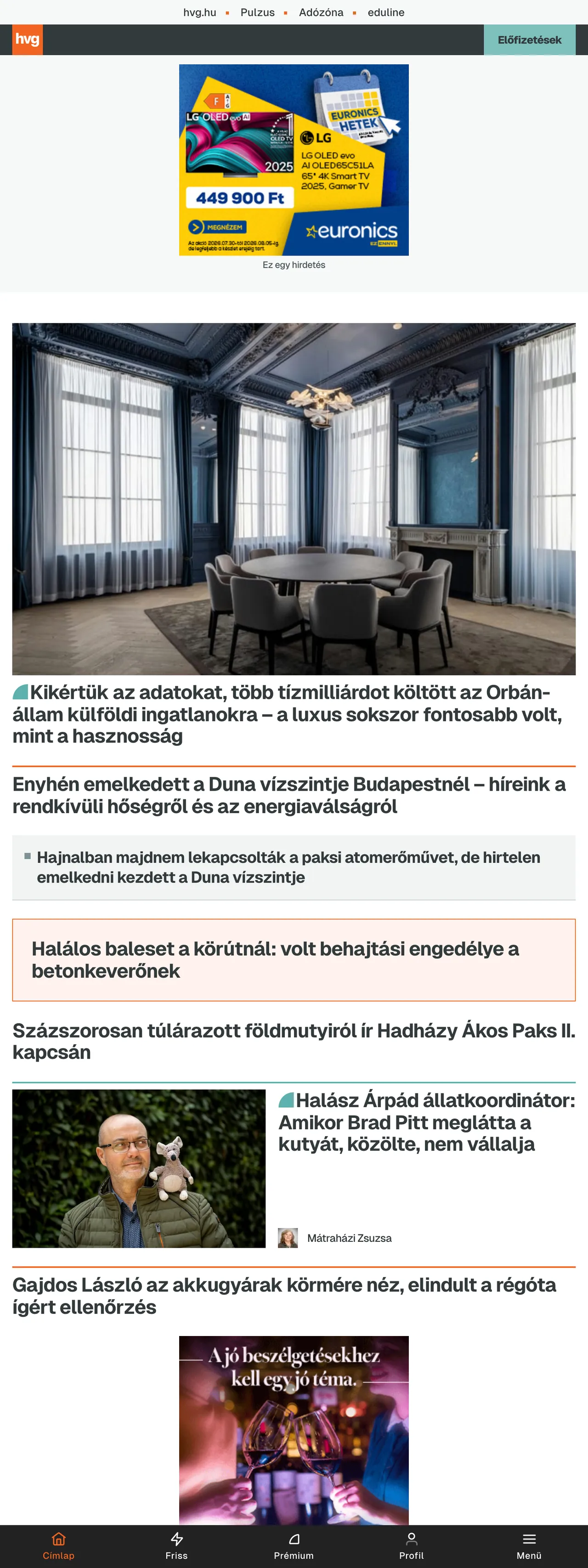 Screenshot of the HVG front page