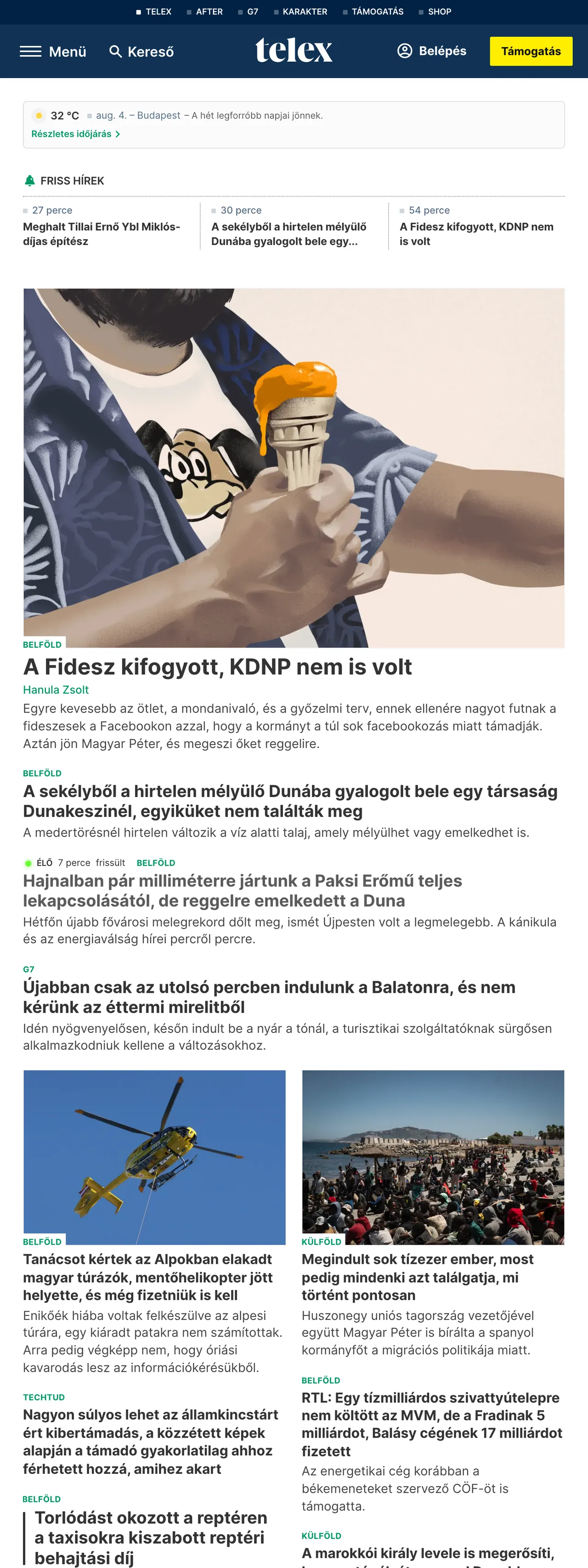 Screenshot of the Telex front page